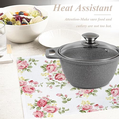 Miniatura 9 de Shrahala Hermosos manteles individuales de flores de rosa, hermosa alfombra de mesa de lino lavable con aislamiento térmico de doble cubierta para
