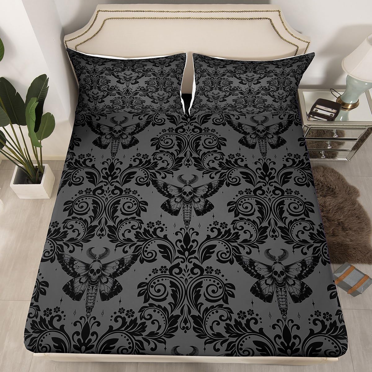 Feelyou 7 Pieces Gothic Comforter Set Queen Size & Black Vintage Damask Floral Sheet Set Queen Size