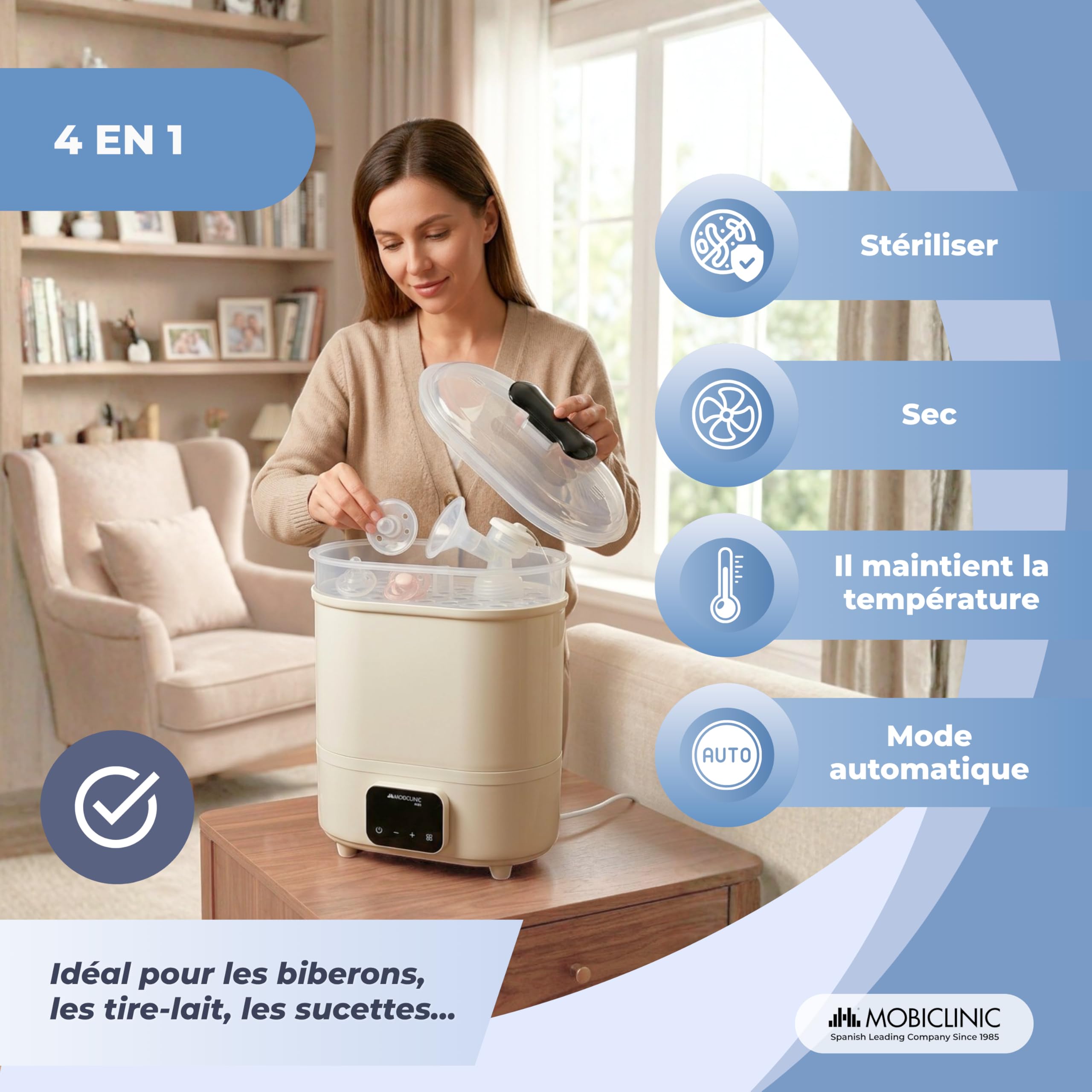 Mobiclinic®, Stérilisateur Biberons, 4 en 1, Jusqu'à 6 Bouteilles, Sèche, Maintient la Température, Mode Automatique, Sucettes et Tire-lait, Écran LCD, Compact, Mobibi