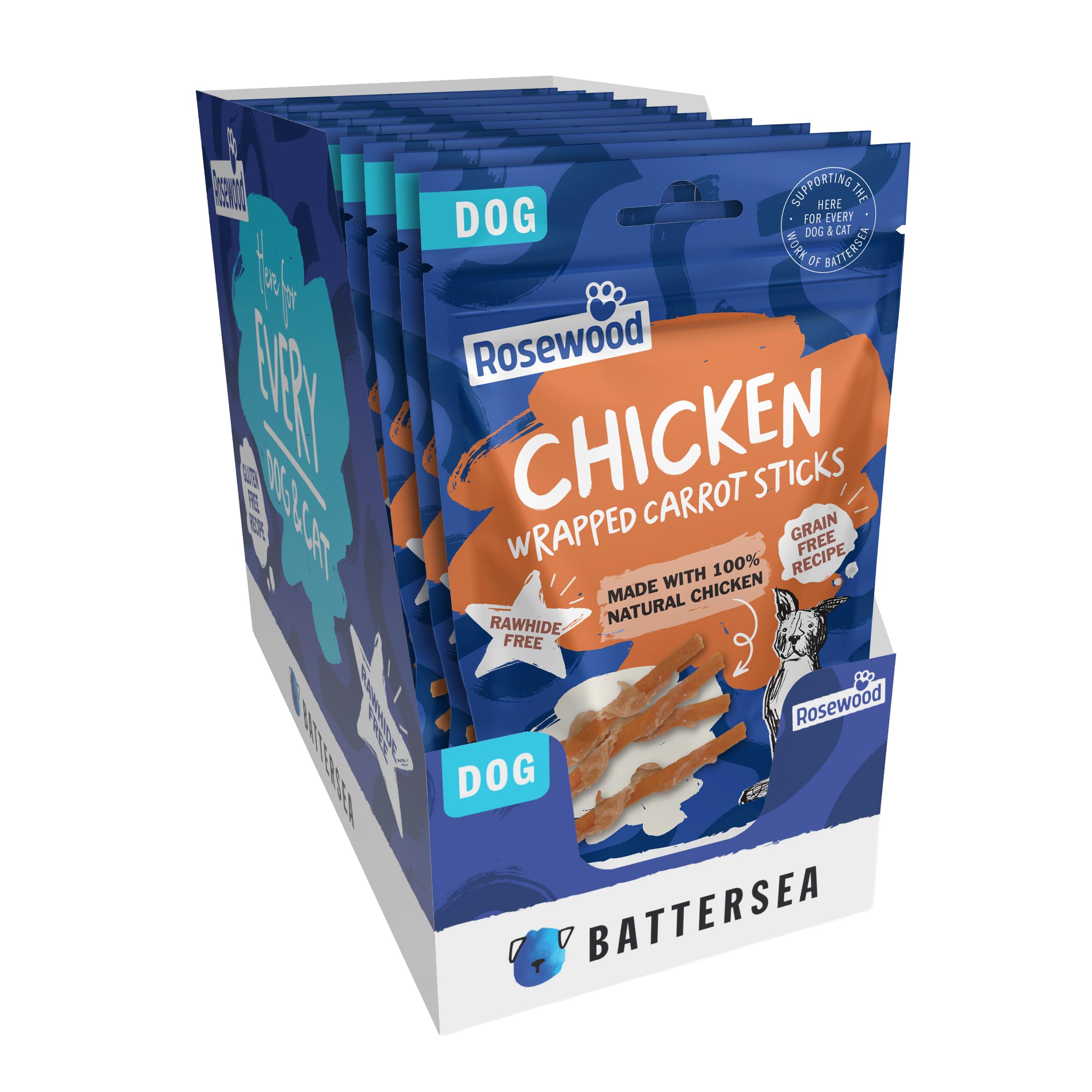 Rosewood x Battersea Chicken Wrapped Carrot Sticks Dog Treats 80g – Natural Chicken Breast, High Protein, Rawhide-Free, Grain-Free Chews, Healthy Training Reward (Case of 12 Packs)