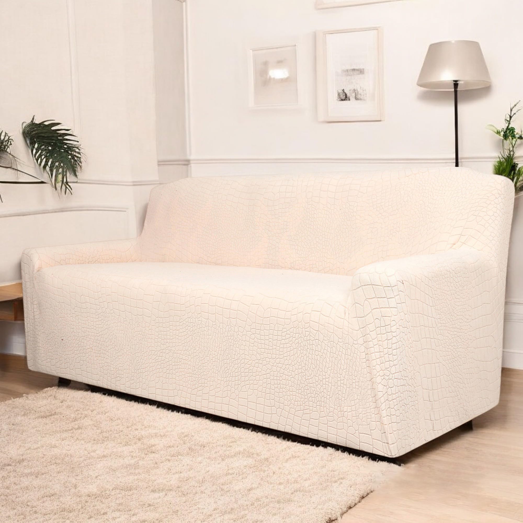 House of Quirk Universal Jacquard Crocodile Fabric Sofa Cover Soft Touching Cover for Couch Flexible Stretch Sofa Slipcover (One Seater, Beige)
