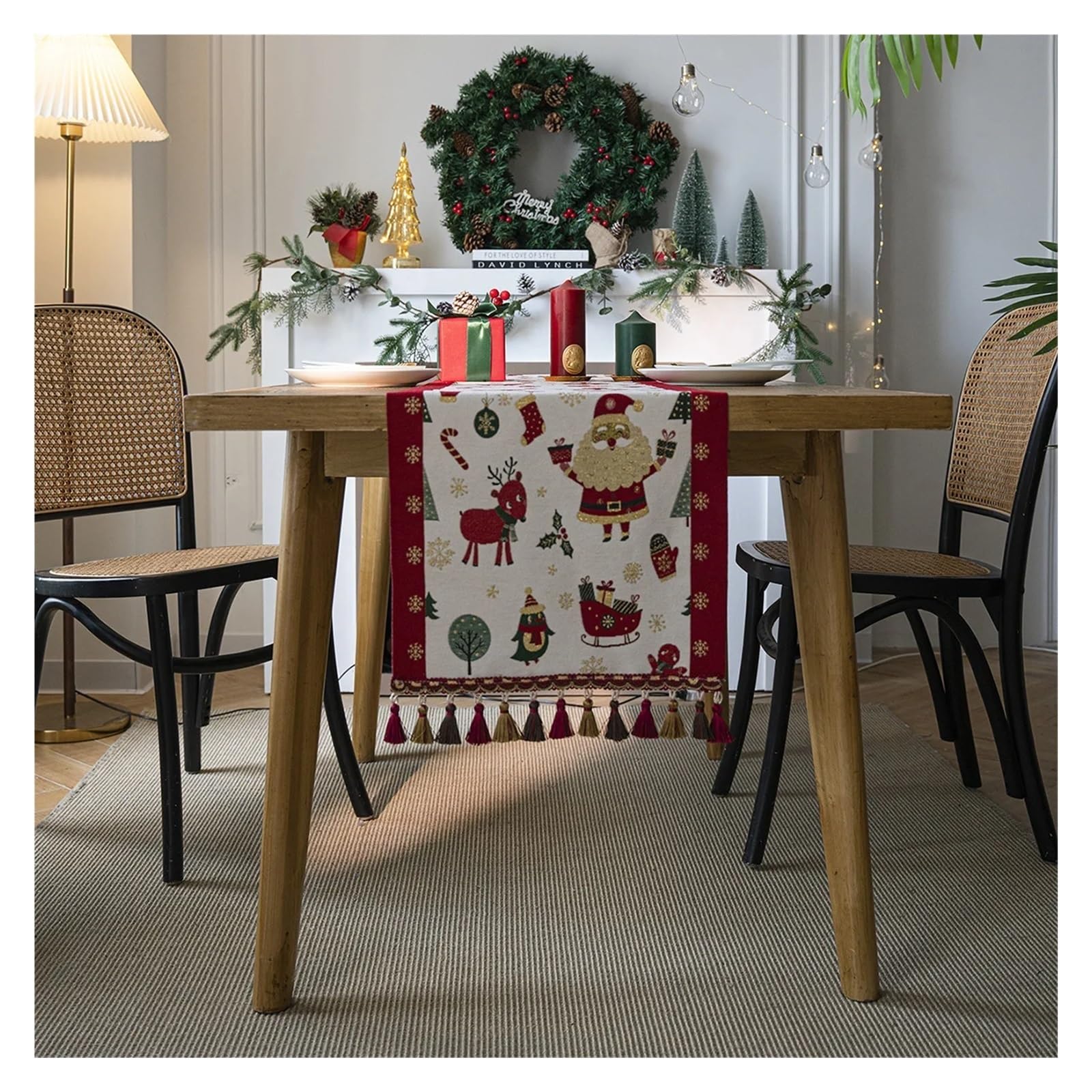 manteles Mantel navideño con Estampado de muñecos de Nieve, Camino de Mesa con Estampado de Alces navideños con borlas, decoración de Mesa navideña for Fiestas en casa(Style C,35x350cm)