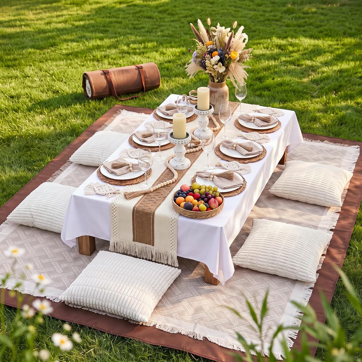 Sintuff Boho Picnic Set for 6, 2 In1 Waterproof Blanket with Pillows