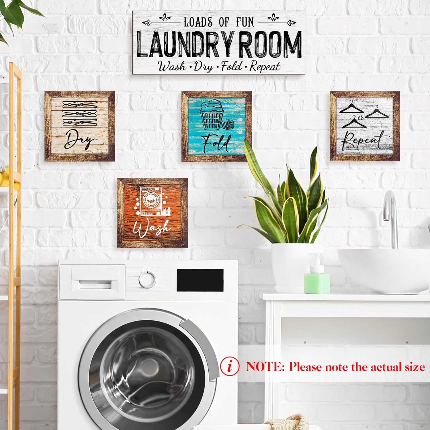 Yerliker Set of 5 Laundry Room Decor for Wall Laundry Room Sign Farmhouse Wooden 7 x 7 Inch Wash Dry Fold Repeat Signs Rustic Wall Art Decor for Bathroom Home(Retro Color, Large)