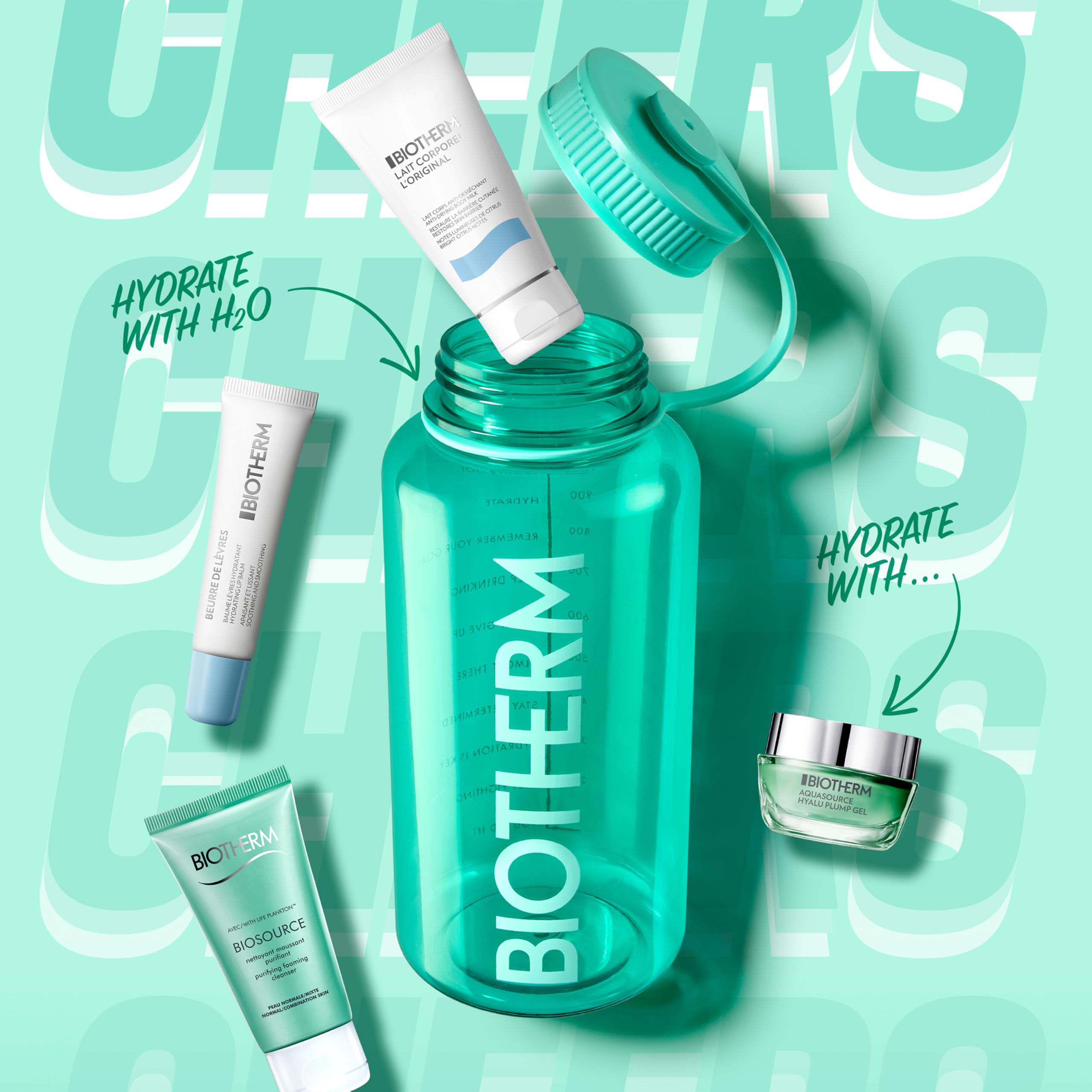 Biotherm The Drop - Aqua Drop for Women, Skin and Body Hydration Essentials for Normal to Oily Skin, Packed in a 1L Recycled, Reusable Plastic Water Bottle, With 4 Body and Skincare Products