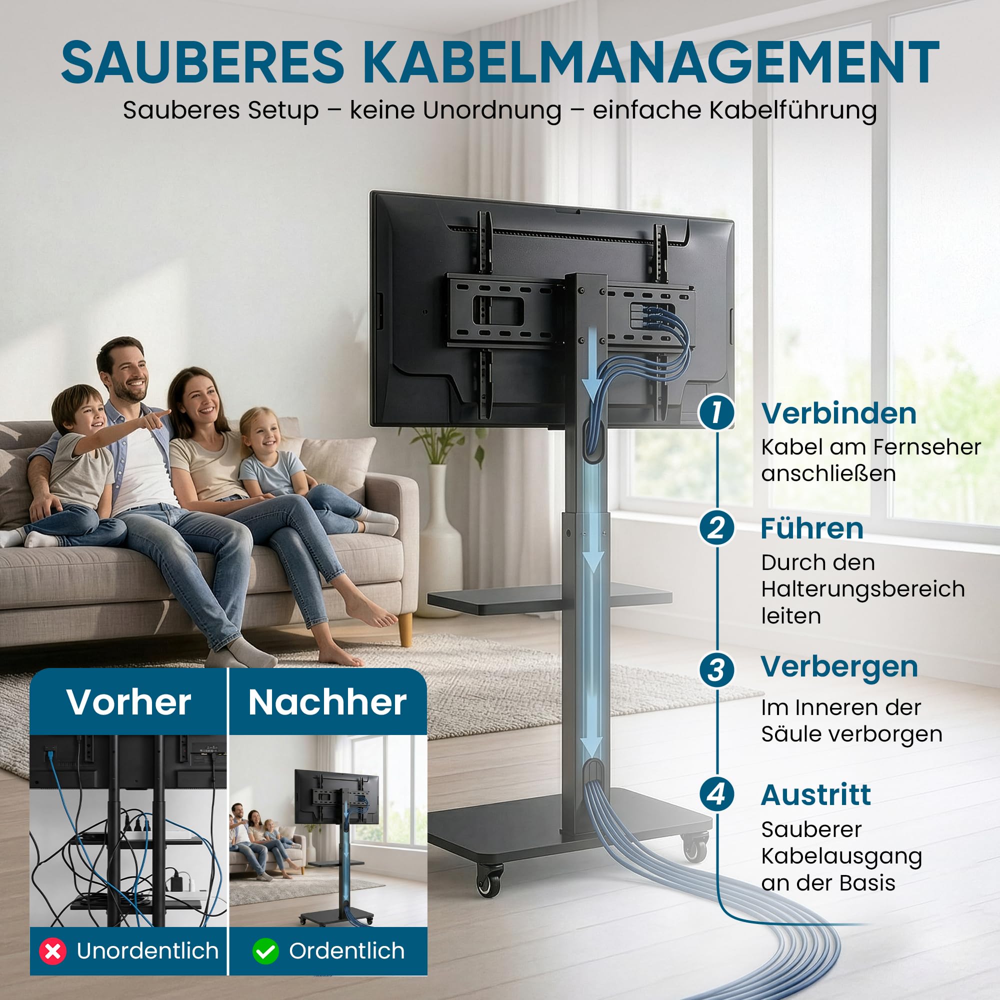 Xantron® TV Ständer Rollbar Höhenverstellbar für TVs bis 75 Zoll [mit Ablagefläche] Fernsehständer mit Rollen/Fernseher Bodenständer/Fernseher Halterung stehend/TV Rollwagen