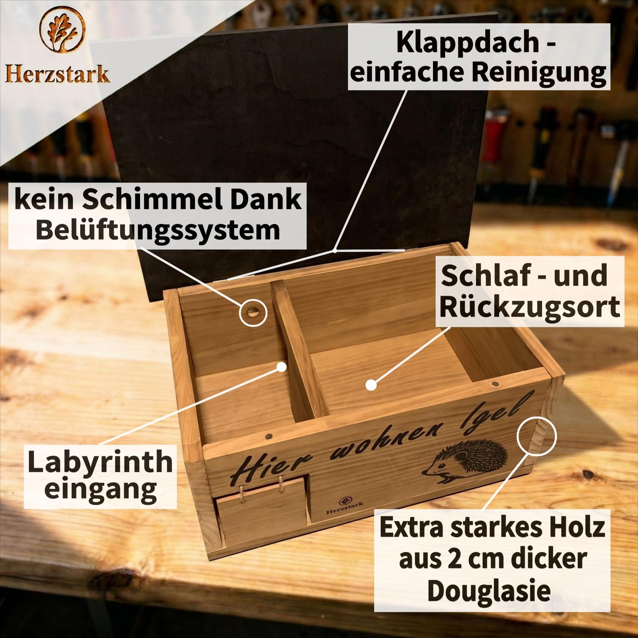 Igelhaus Winterfest Douglasien-Vollholz mit Labyrintheingang Rattenklappe