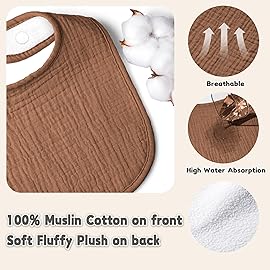 Susurration Muslin Baby Bibs 6 Pack Bandana Drool Bibs,Soft Square Adjustable Baby Drooling Bibs for Unisex Girls & Boys(Brown)