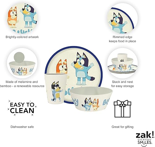 Miniatura 4 de Zak Designs Bluey Kids - Juego de vajilla de 3 piezas, plato de bambú de melamina duradero y sostenible, ideal para cenar con la familia (azul,