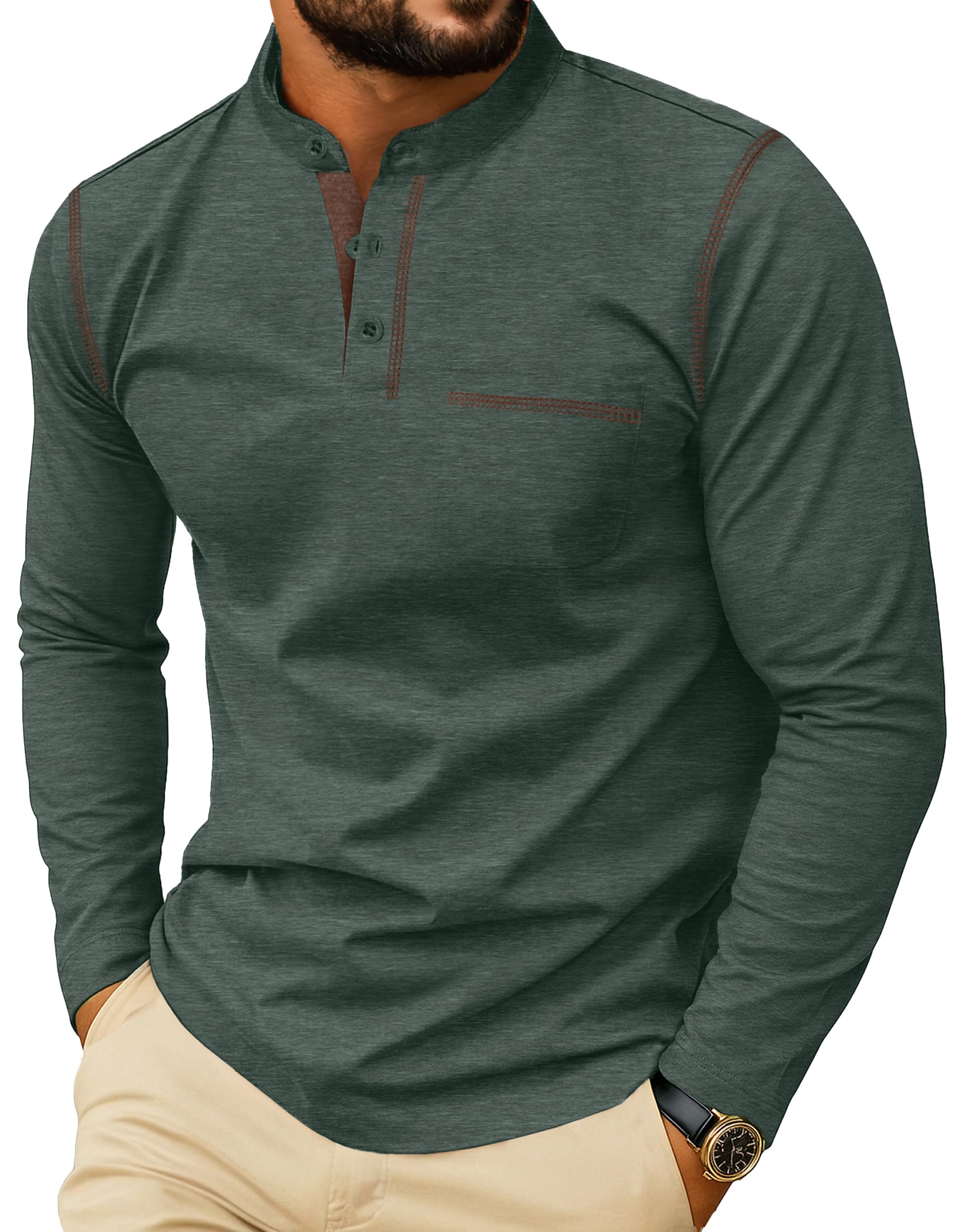 Sailwind Men's Henley Shirts Long Sleeve Button T-Shirt Casual Stylish Cotton Pullover Shirt with Pocket Green X-Large