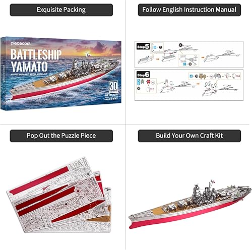 Miniatura 4 de Piececool Rompecabezas de metal 3D, kits de modelos de embarcaciones militares, kit de construcción de modelo de metal de acorazado Yamato para