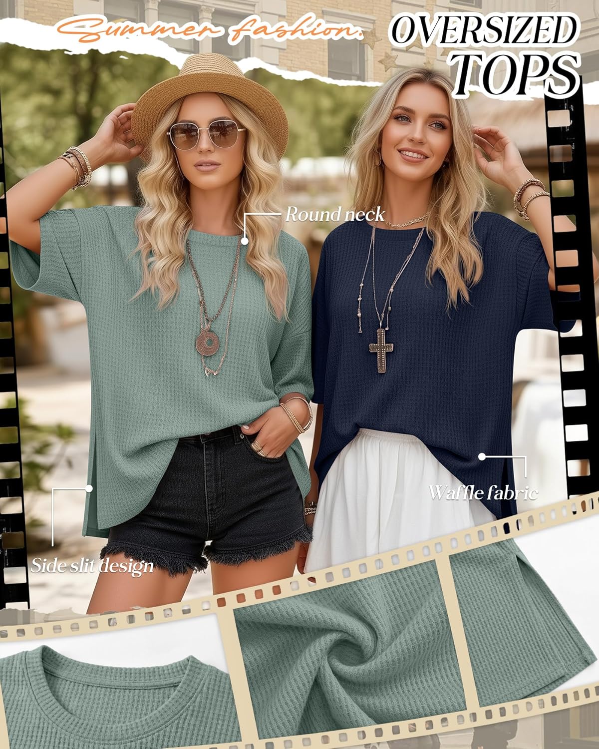 3 Pack Women's Oversized Waffle Knit Short Sleeve Tops Side Split Crewneck Loose Long T-Shirts Summer Casual Tees - Image 3