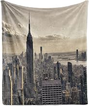 Ambesonne New York Throw Blanket, Aerial View of NYC in Winter American Architecture Historical Popular Metropolis, Flannel Fleece Accent Piece Soft Couch Cover for Adults, 50" x 70", Beige Grey