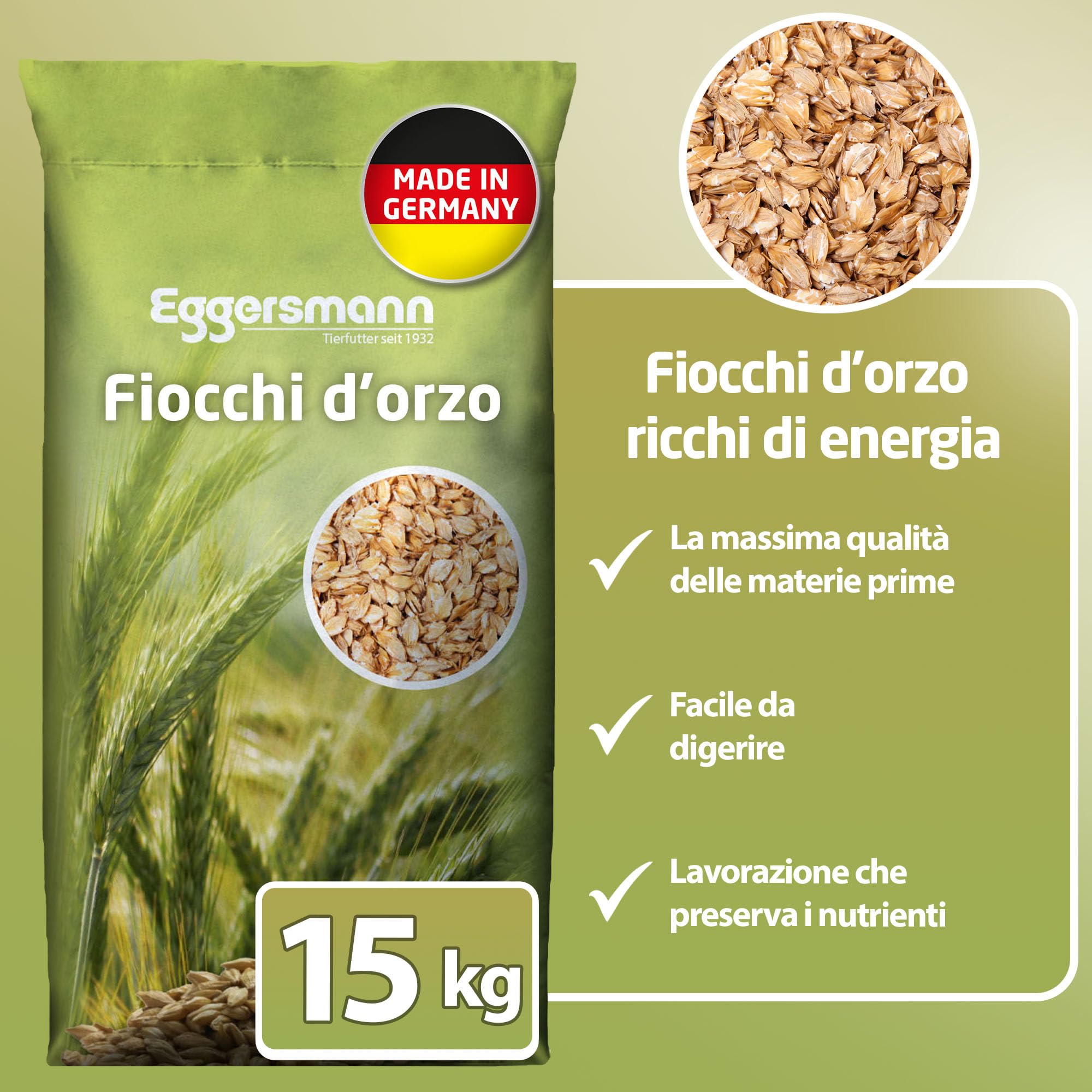 Eggersmann Fiocchi d'orzo 15 kg – Mangime Singolo ad Alto Contenuto energetico – Fiocchi d'orzo Adatti per Cavalli, Pony, polli e Piccoli Animali – Ideale per intolleranza all'avena