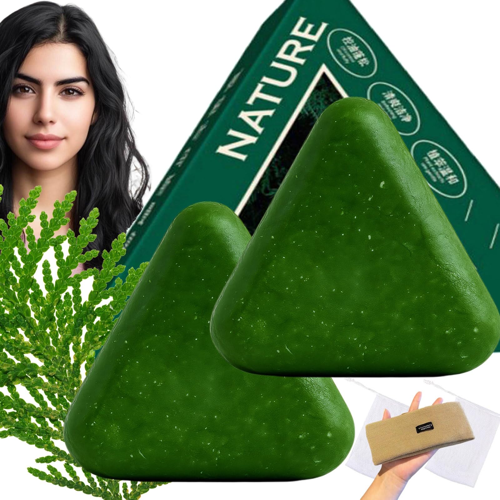 Nature Triangle Shampoo Bar, Nature Seven Green Soap Shampoo, Herbal Hair Care, Gentle Cleansing, Strengthens Hair for Women and Mens With a Foaming Net(2PCS)