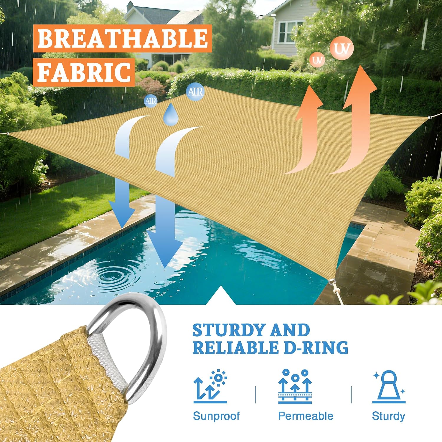 Square Shade Sail 14' x 14' Canopy to Block Sunlight for Outdoor Patio Garden Patio Deck Pergola (Sand)