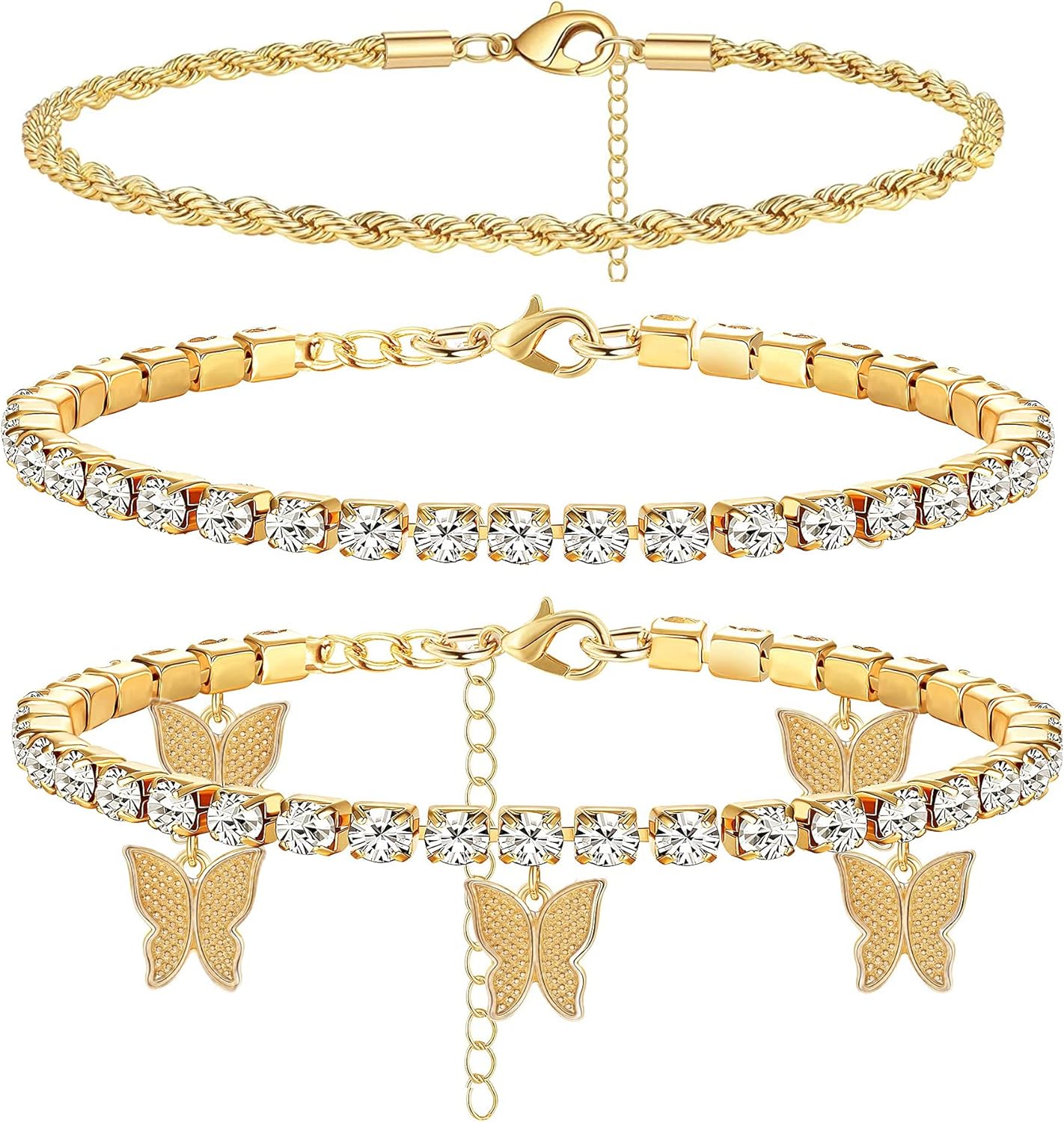 yfstyle - Tobillera de mariposa para mujeres y niñas 3 piezas con dijes con diamantes de imitación varias capas trenzada para el verano y la playa