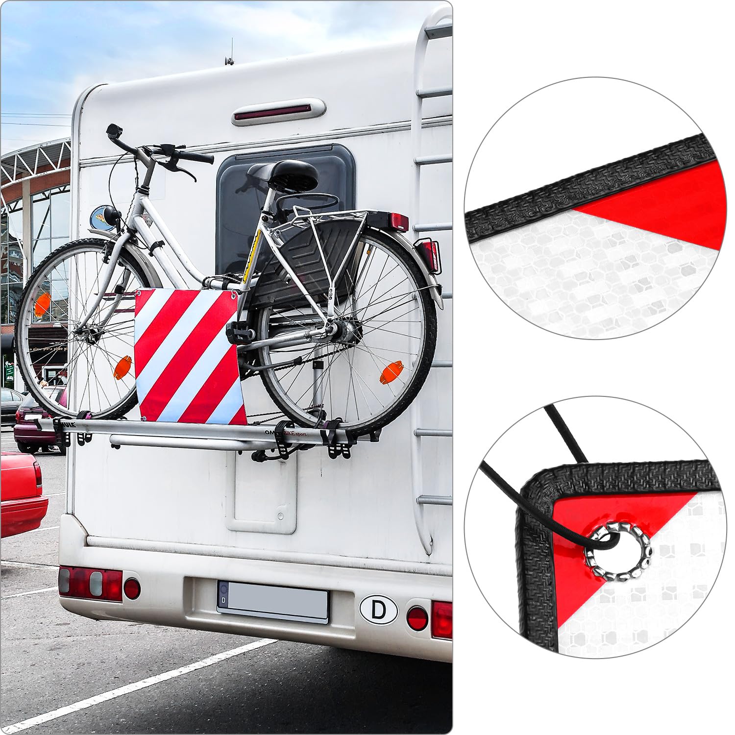 QWORK® 2 en 1 Panneau d'avertissement réfléchissant avec 4 cordes de tension, panneau signalisation 50 x 50 cm l'Italie et l'Espagne, pour porte-vélos et porte-arrière