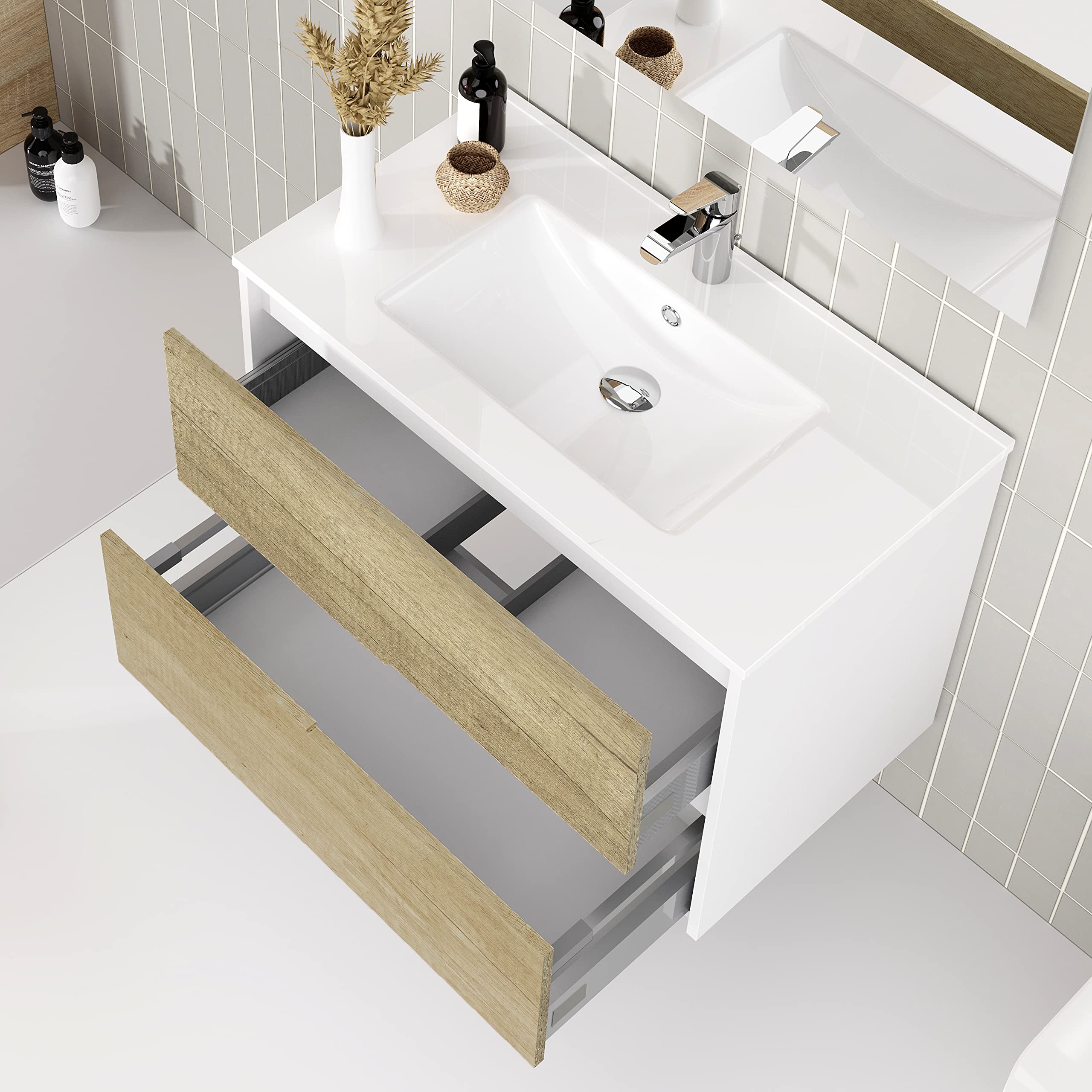 Baikal Mueble de baño Gavin, 2 cajones, suspendido en Pared. Incluye Lavabo cerámico. Varios Acabados. Se Entrega Montado. con Espejo 80 cm Nature