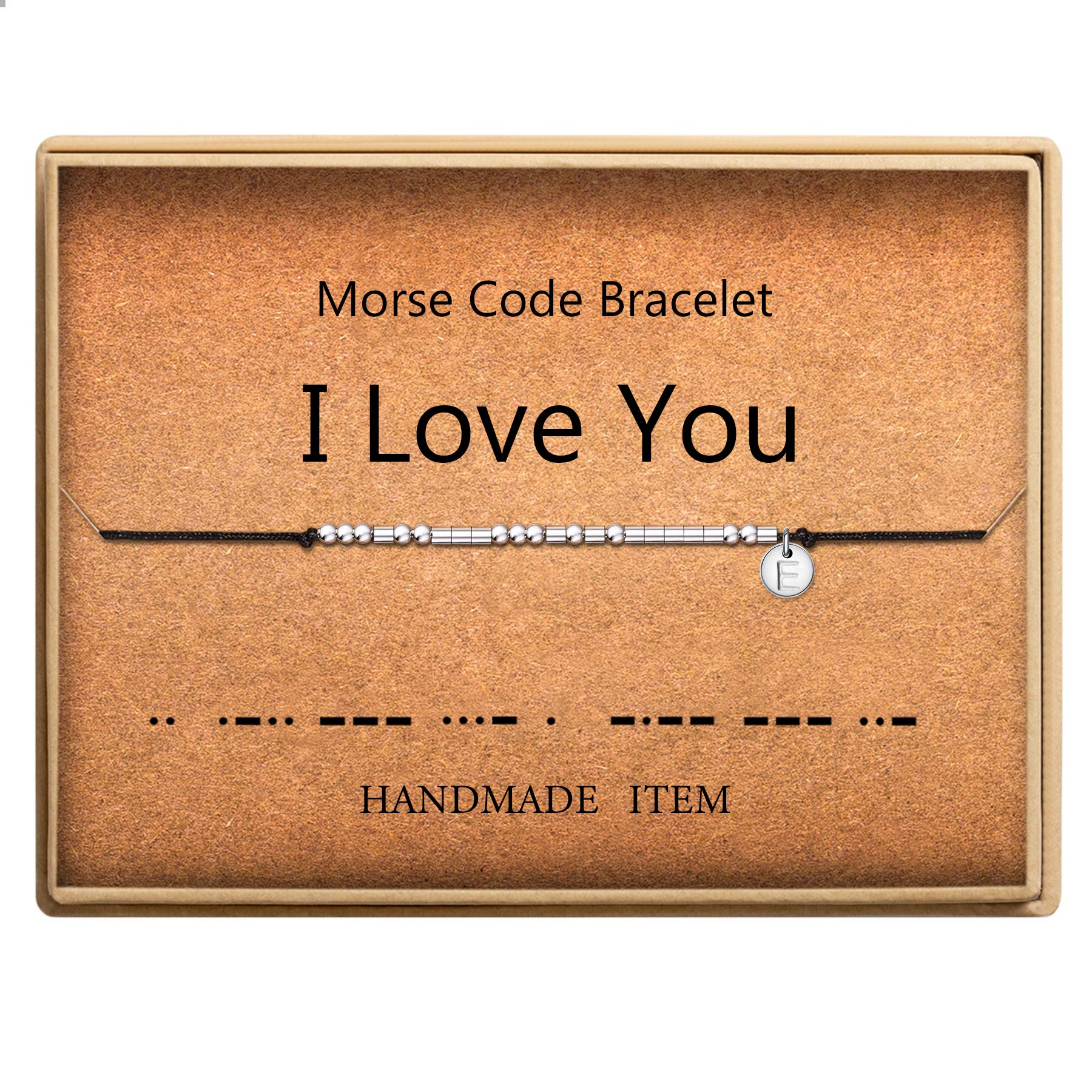 SANNYRAMorse Code Bracelet Initial Disc Beads on Adjustable Silk Cord I Love You Friendship Bracelet Letter E Inspirational Gift for Women
