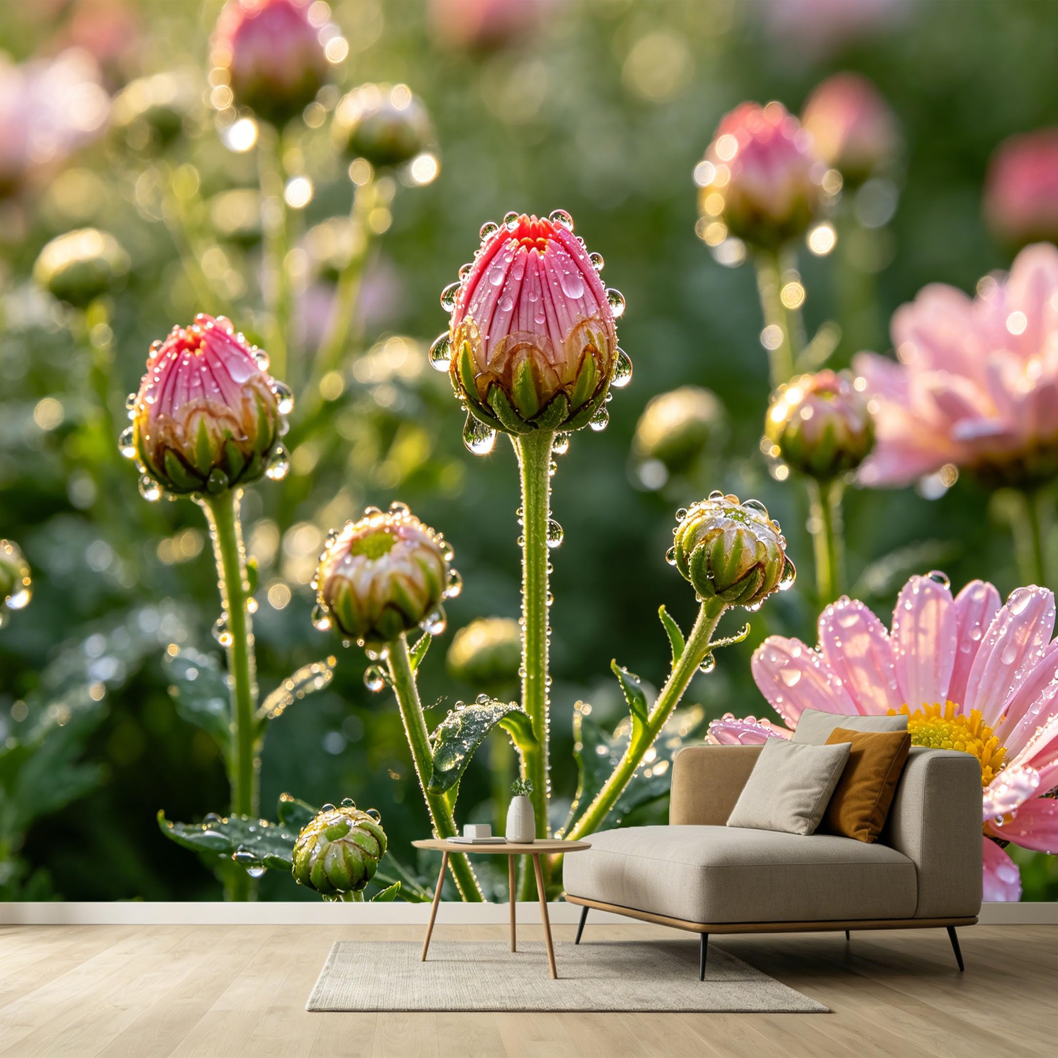 Custom Size Wall Murals Botanical Pink Chrysanthemum Flower Dew Drops Macro Photography Modern SelfAdhesive Wall Fabric Removable Large Wallpaper for Photo Living Room