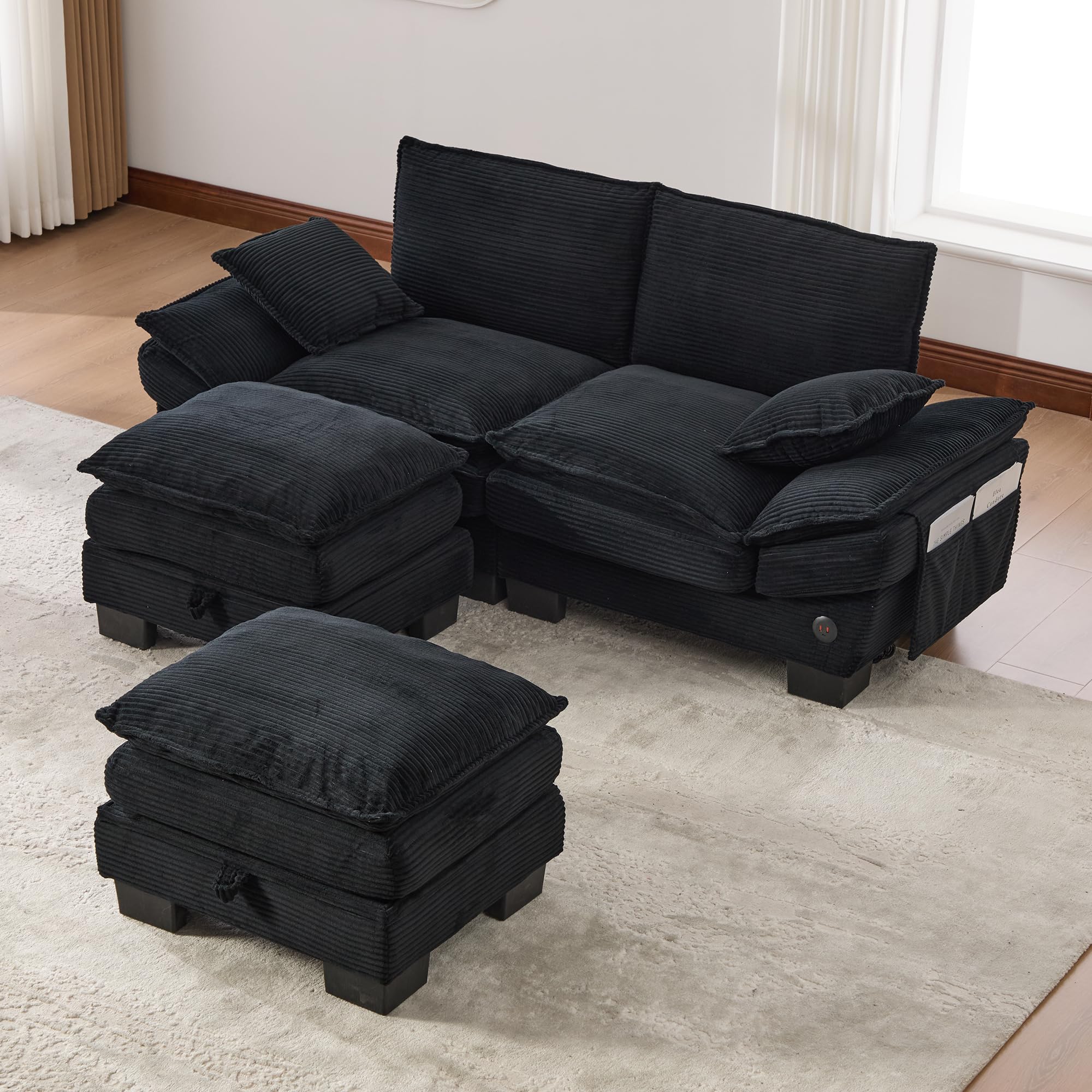Modułowa sofa 2-osobowa z 2 taboretami, ergonomiczna szerokość siedziska z przyłączem C, sofa do salonu z bocznymi kieszeniami, do salonu, kolor czarny