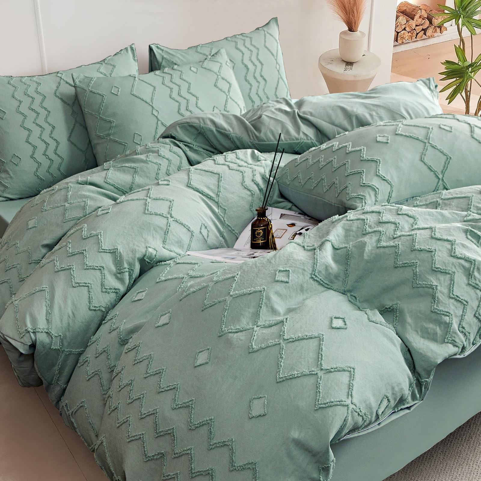 DJY Tufted Double Duvet Cover Set, 3 Piece Green Microfiber Bedding - Soft, Lightweight & Breathable All Season Set with Zipper Closure (Double, 200x200cm) — image 1