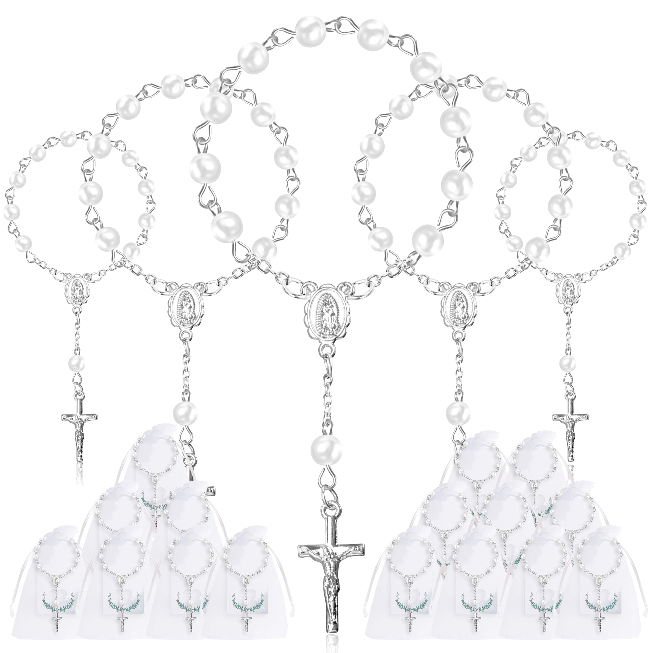 Foshird Lot de 15 chapelets catholiques avec Pendentif en Forme de Croix, étiquettes Cadeaux, Sacs en Organza, Porte-Bonheur, Bracelets, Cadeaux d'invités pour baptême, Communion, Confirmation