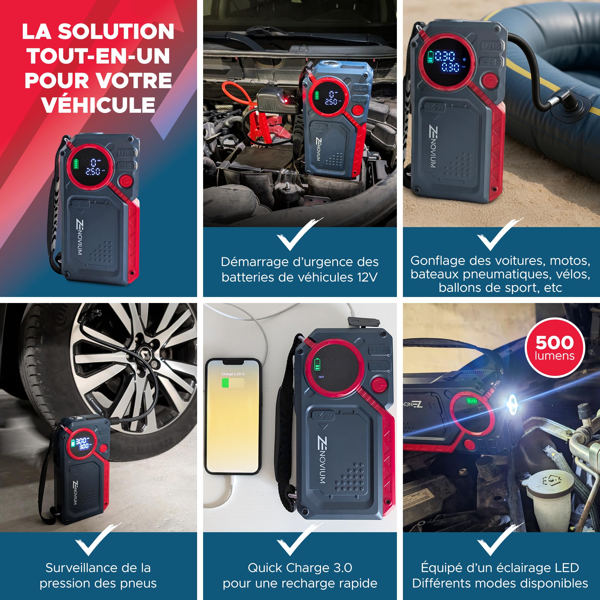BUVAYE BN03 Booster Batterie Voiture Avec Compresseur, Portable 2500A Jump Starter (Jusqu’ à 5L