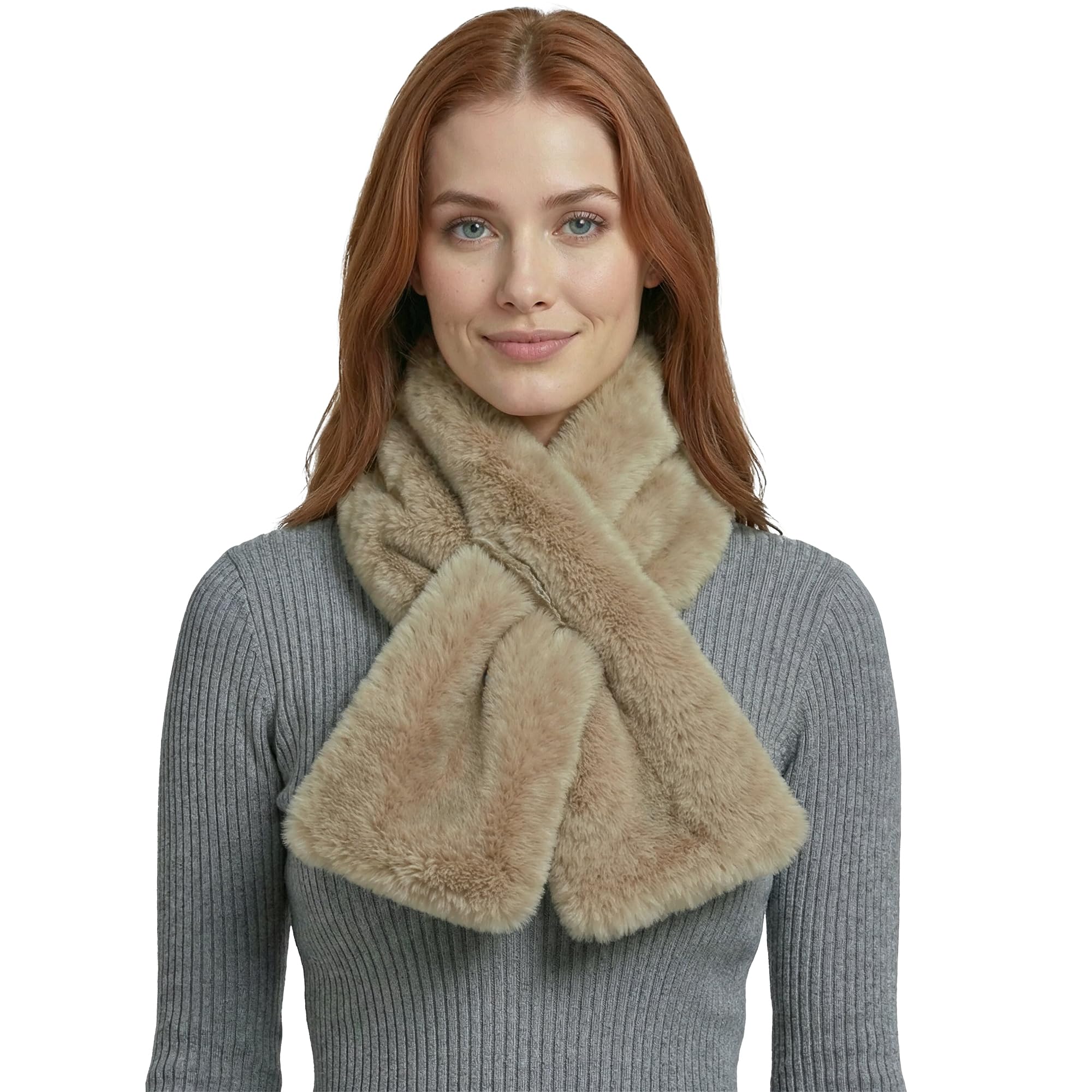 Basic Sense Women's Faux Fur Scarf Fluffy Pull Through Neck Warmer with Holder, Beige