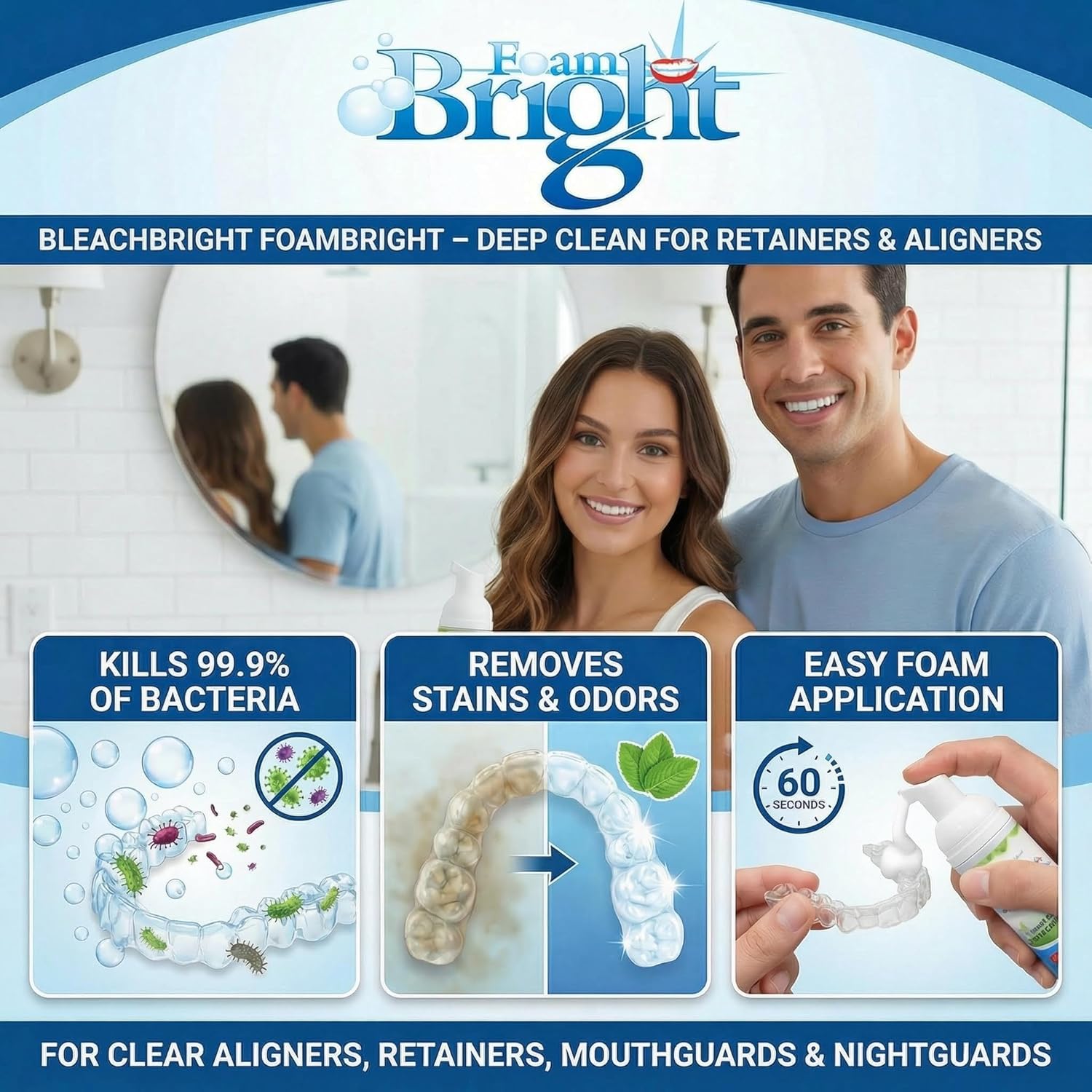 Aligner & Retainer Cleaner Foam Bright, Teeth Whitening Foam, Great for Invisalign, Candid, Byte, Night Guard, Mouth Guard, Dentures, Whitener, Toothpaste & Braces Cleaner, Peroxide Free 4-Pack