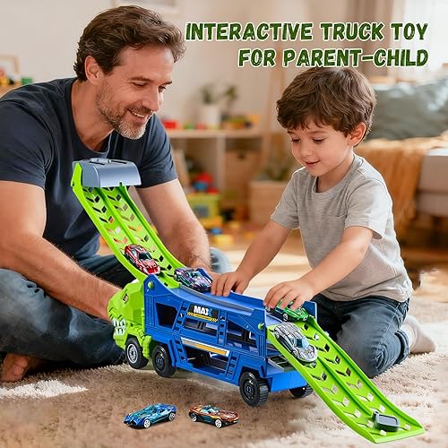 Miniatura 7 de Camión de dinosaurio de juguete para niños de 3 a 5 años  Camión transportador con 6 autos fundidos a presión, camión 3 en 1 con 2 pistas de