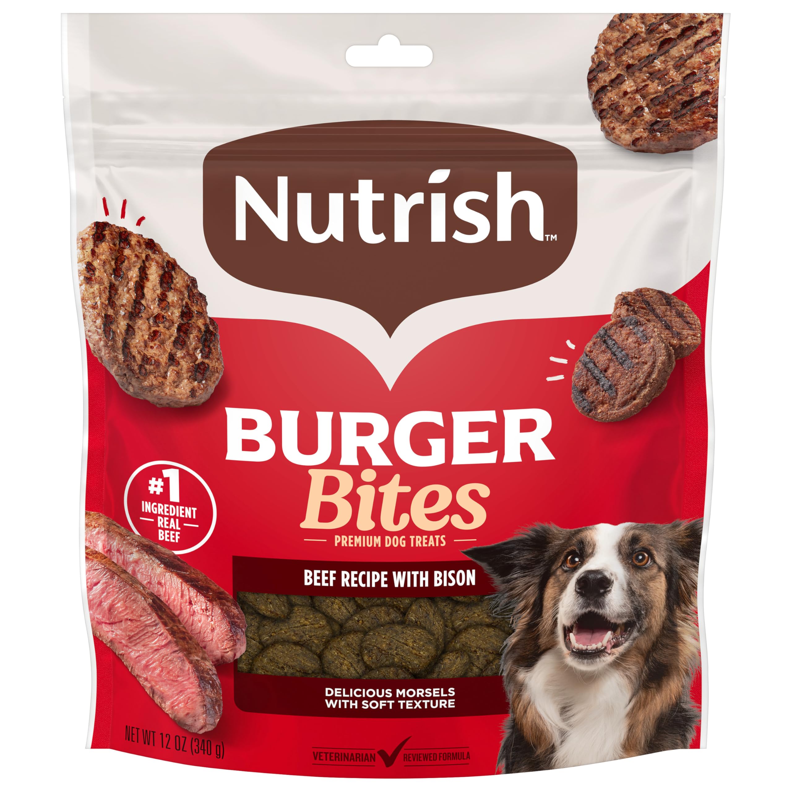 Nutrish Burger Bites Dog Treats, Beef Recipe with Bison, Dog Stocking Stuffer, 12 oz. Pouch (Rachael Ray)