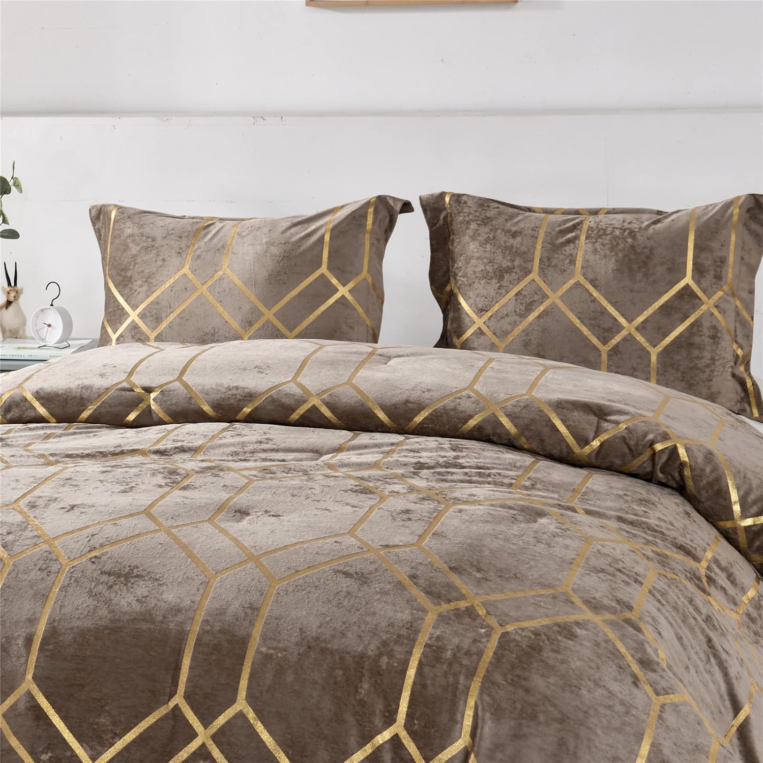 Sunshine Nicole Metallic Print Comforter Set, Distressed Velvet Face with Metallic Print and Brushed Solid Microfiber Reverse, with Light Weight Soft Poly Fill, 3 Pieces Khaki Gold, Queen