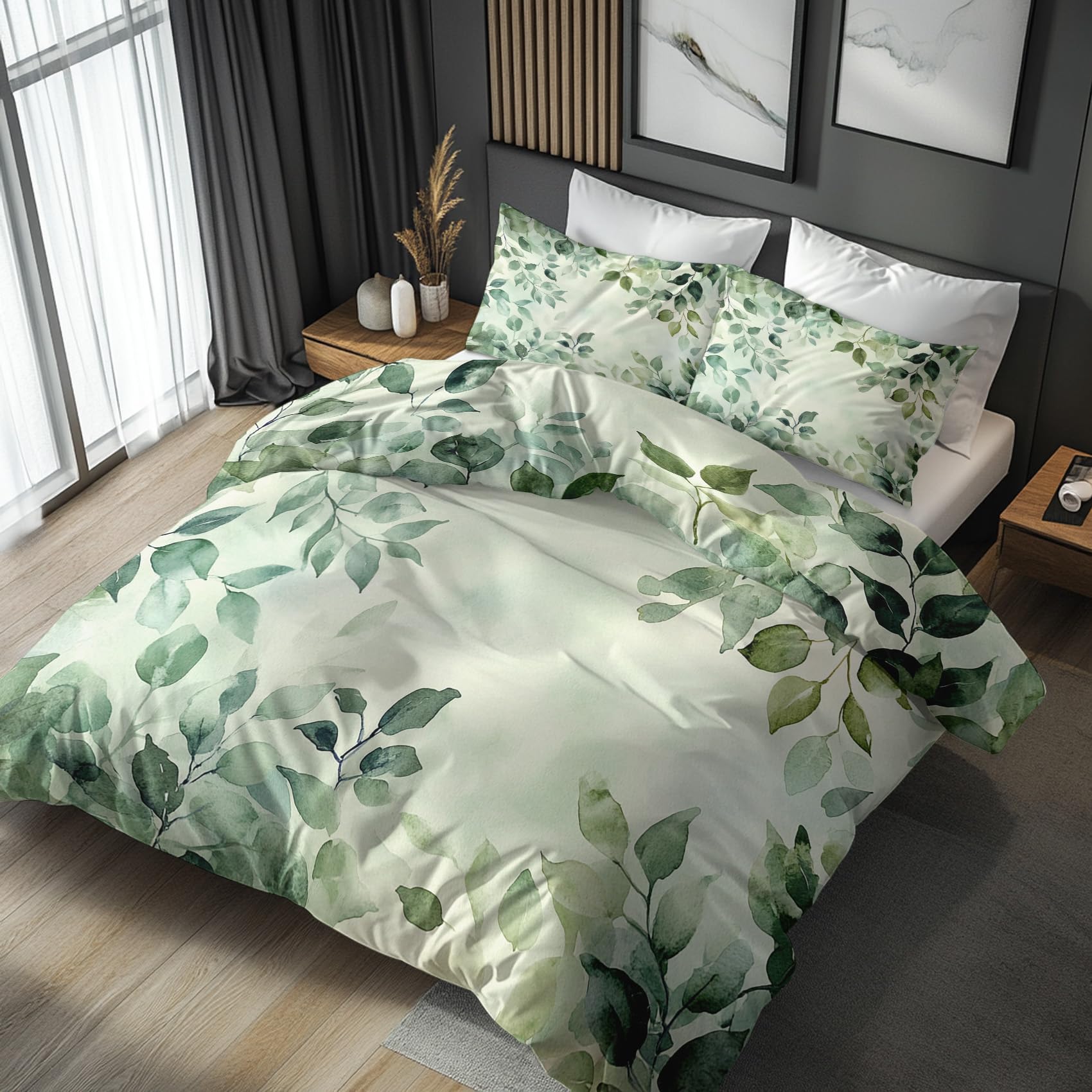 NOGAWA Eucalyptus Bedding Double - Green Leaf Duvet Cover Double, Reversible Quilt Cover & 2 Pillowcases with Zip and Ties, Ultra Soft and Breathable Brushed Microfibre Bed Set