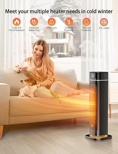 Miniatura 4 de VCK - Calentador de espacio, calentador eléctrico portátil de 24 pulgadas, 12 piess con control remoto, luz nocturna, oscilación de 80, 4 modos,