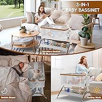 Vista 6 de Moisés junto a la cama, moisés mecedor para bebé, cuna 3 en 1 con 6 alturas ajustables, malla transpirable y ruedas con bloqueo, artículos