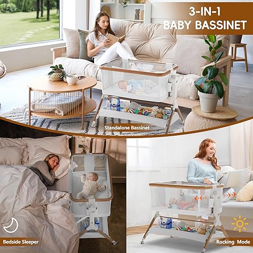 Miniatura 6 de Moisés de noche, moisés mecedor para bebé, cuna 3 en 1 con 6 alturas ajustables, malla transpirable y ruedas con bloqueo, artículos imprescindibles