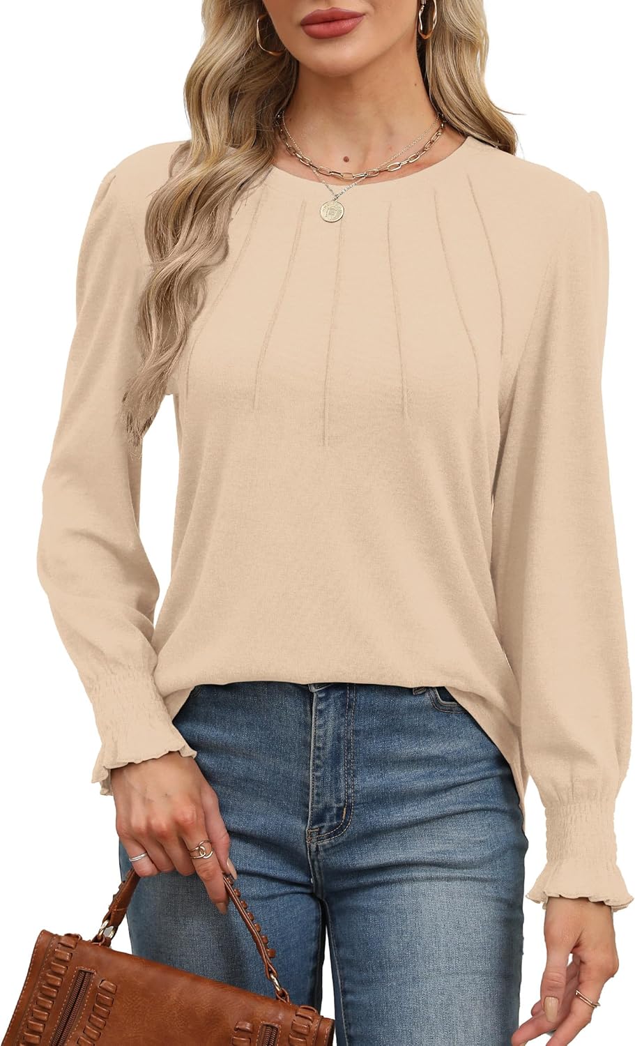 Beimuc Long Sleeve Shirts for Women Fall Fashion 2025 Crewneck Dressy Casual Blouses Trendy Pleated Tunic Tops 2025 - Image 3