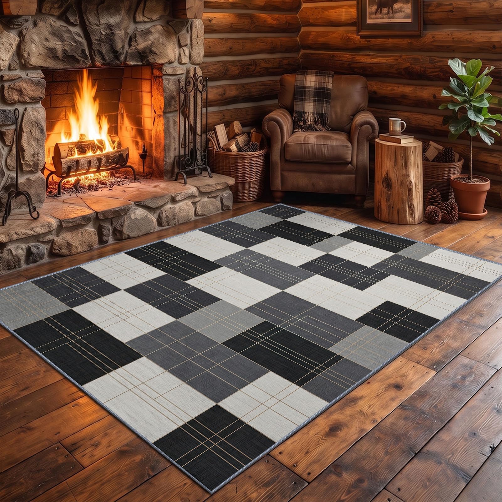 Tapis Salon Motif Damier, Moquette Lavable en Machine, 160 x 230 cm | Carré Tartan Bloc De Couleur Tapis avec Dessous Antidérapant, Tapise Décoratif pour Chambre, Cuisine, Entrée et Maison,Gris