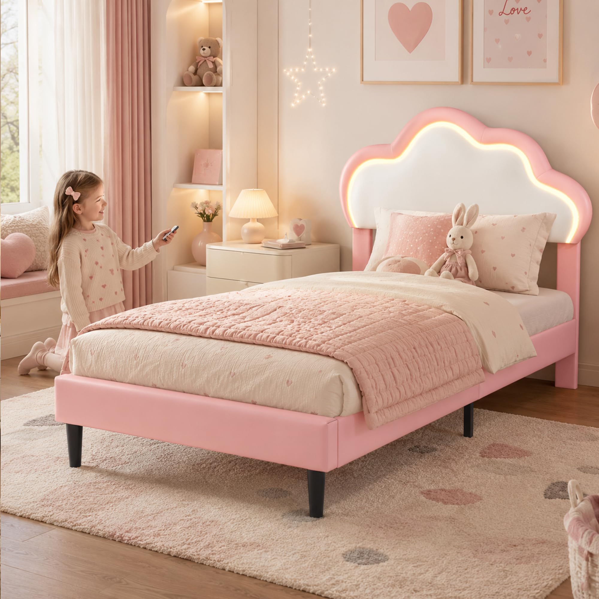 Cama infantil niña 90 x 200 cm, cama infantil nube con LED, cabecera ajustable en altura en forma de nubes, somier de láminas, camas acolchadas para 1 persona para niña adolescente, PU, rosa+blanco
