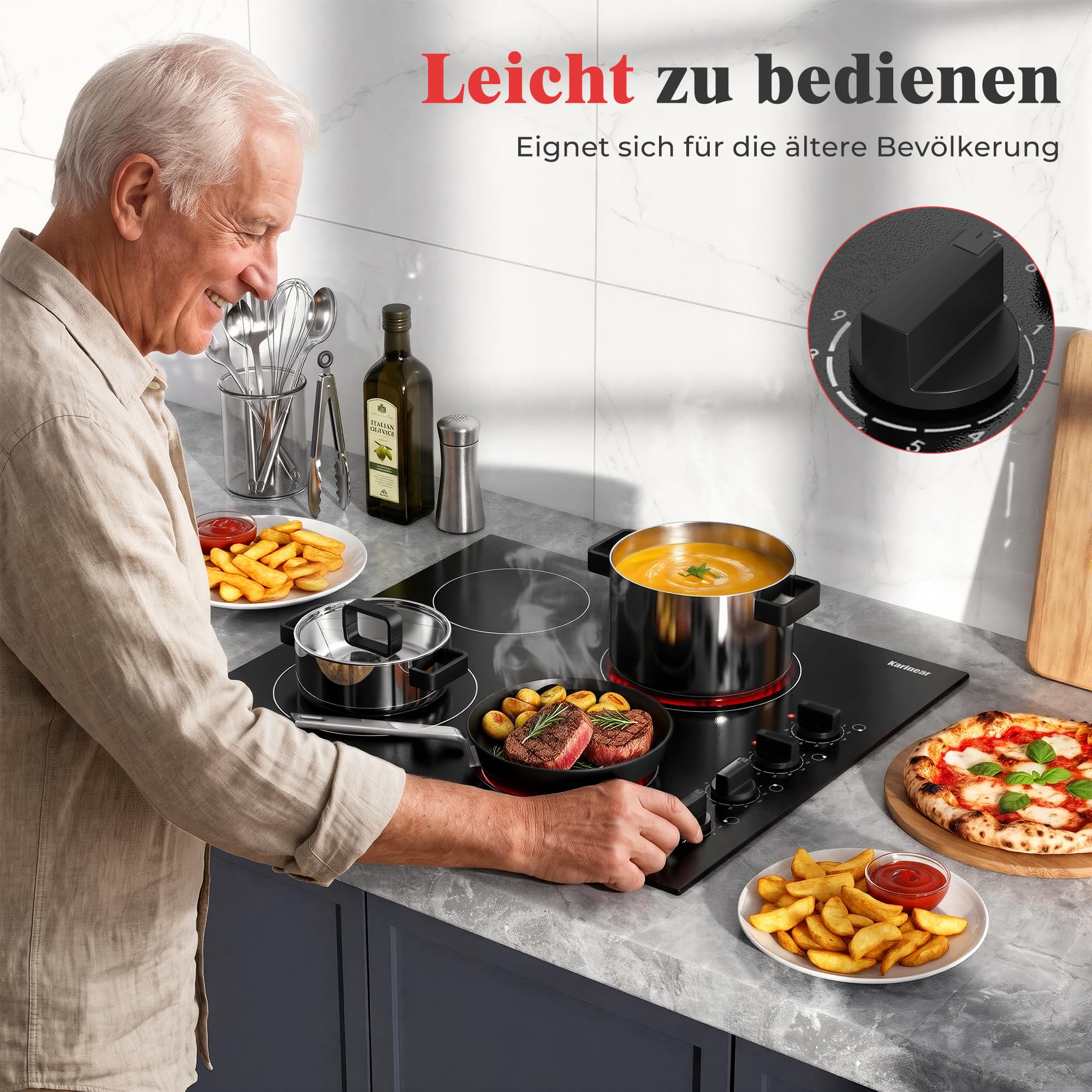 Herdplatte 4 Kochfelder 6000W 60 cm mit Drehknopfsteuerung | Einbau Kochfeld mit 9-Stufen, 4 platten mit Leistungsstufen, universelle Topfkompatibilität, Kein Stecker, 240V