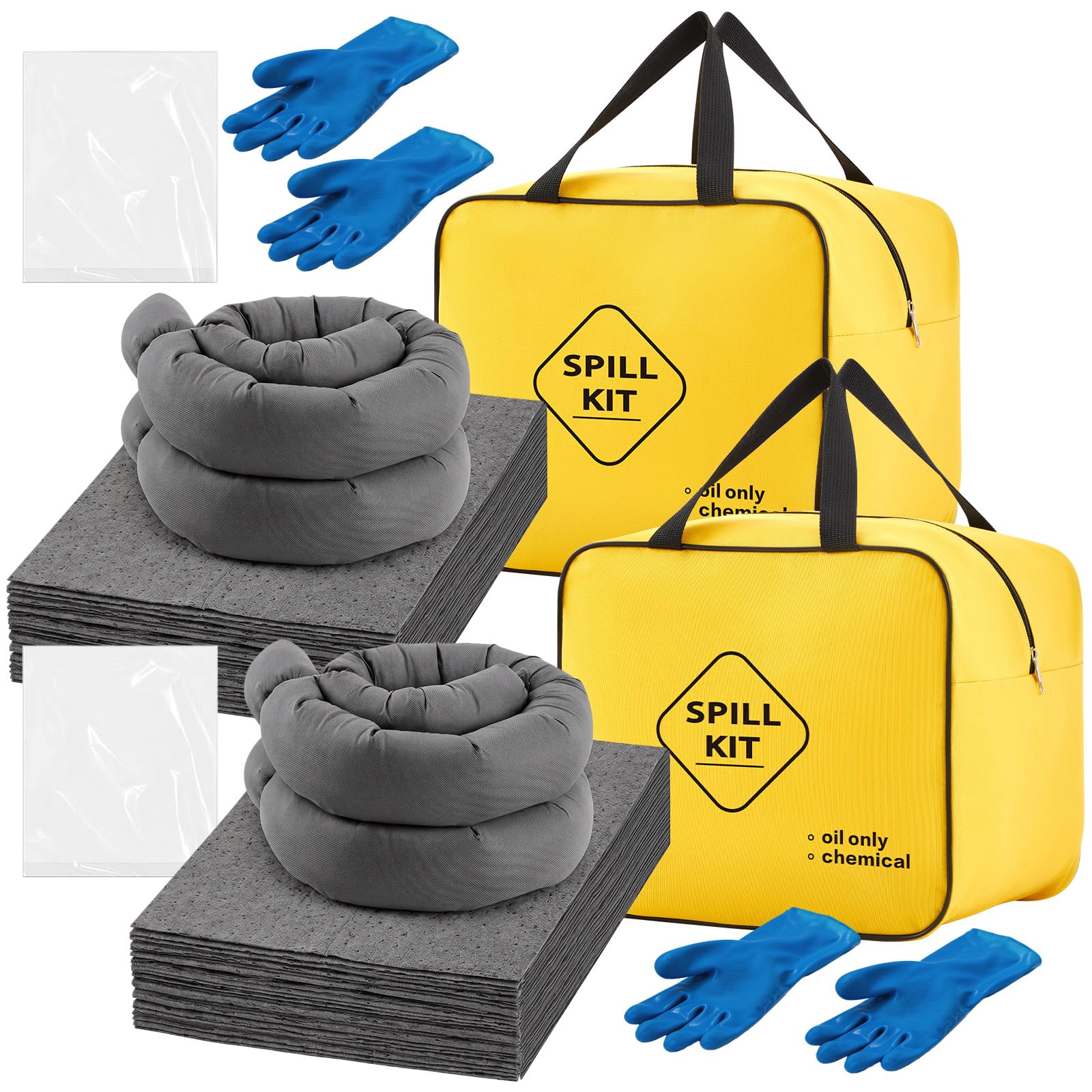Paquete de 48 unidades, kit universal de respuesta de emergencia, incluye bolsa amarilla, 30 almohadillas, 4 calcetines, 10 bolsas y 2 pares de guantes para vehículos, médicos, oficinas, industriales