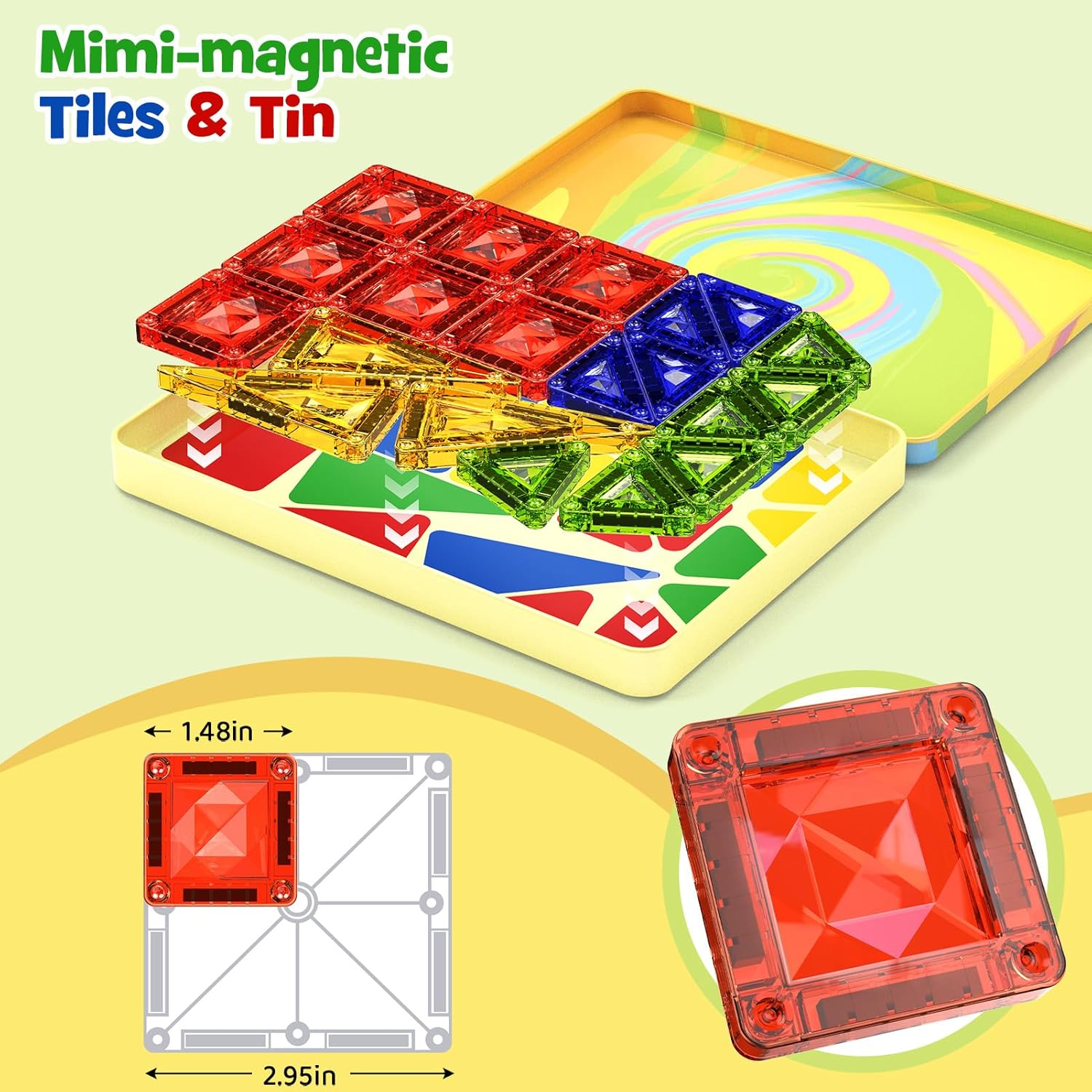 Mini Magnetic Tiles for Kids Ages 4-8, 40PCS Portable Travel Toys with Visual Storage Guide & Metal Storage Box