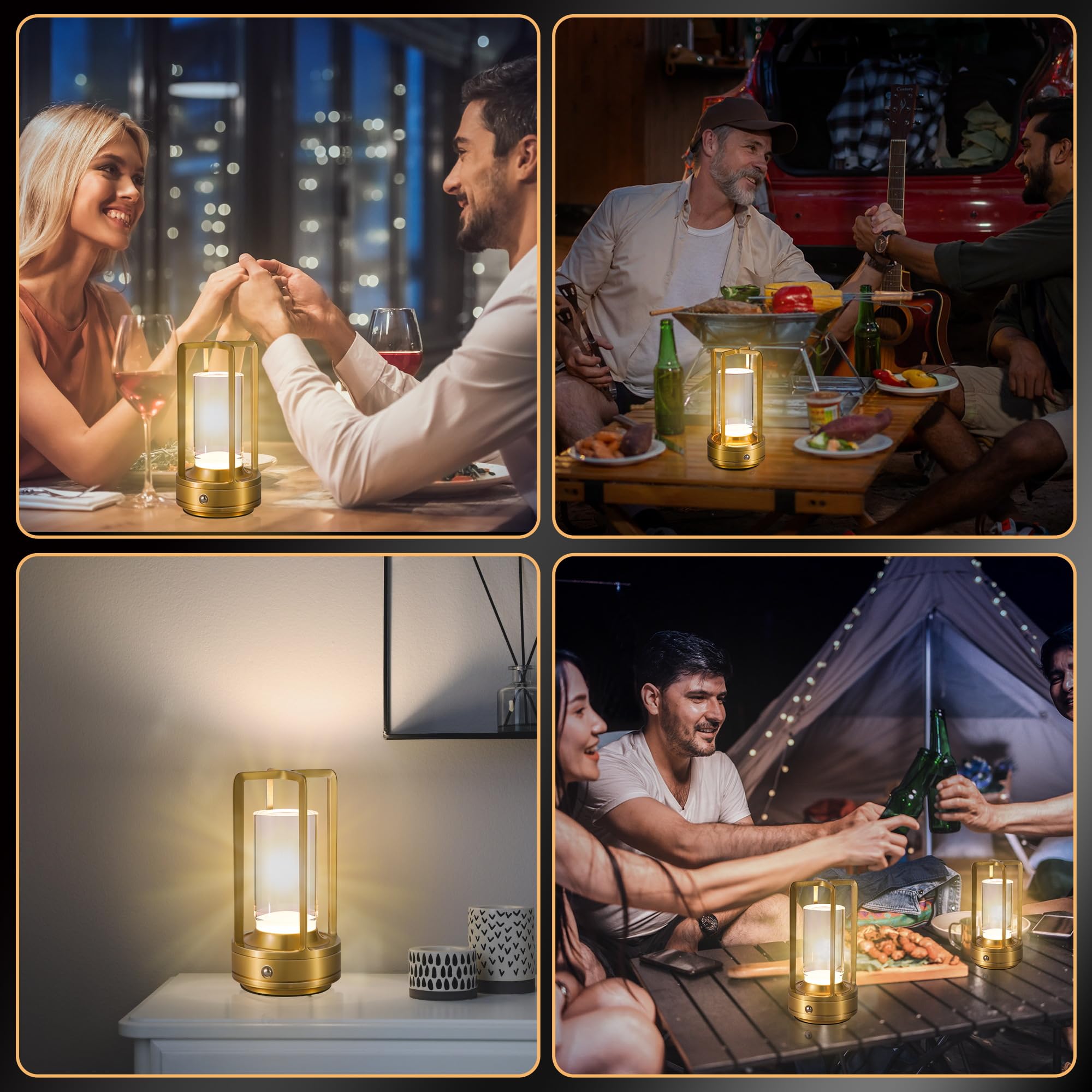 Lámpara de mesa portátil de metal, lámpara de mesa inalámbrica, luces recargables a pilas, lámparas de mesa LED, toque de atenuación continua de 3 colores, para dormitorio, restaurante, hogar, 6