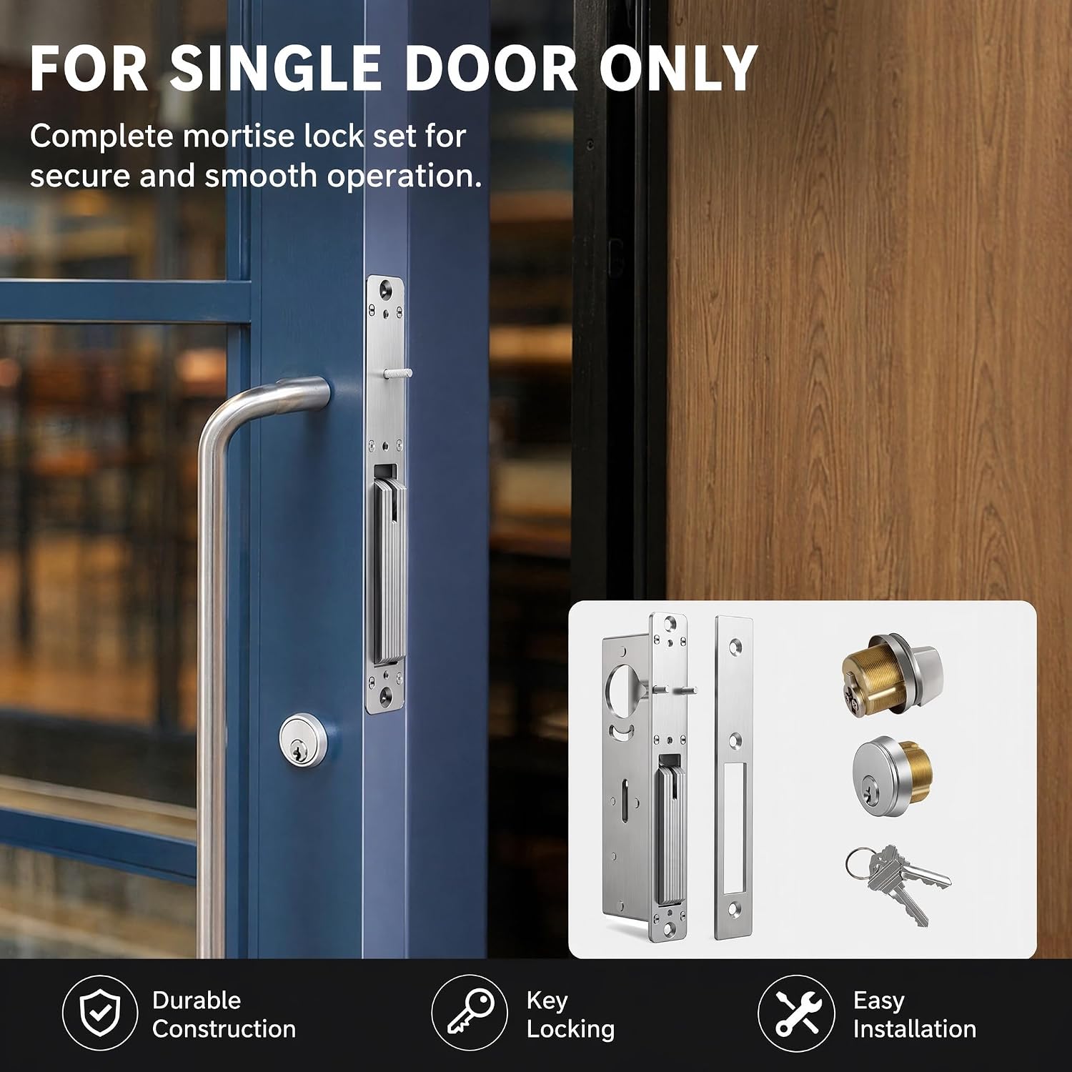 Commercial Mortise Lock 1-1/8" Backset, Brass Cylinder, Storefront (Silver)