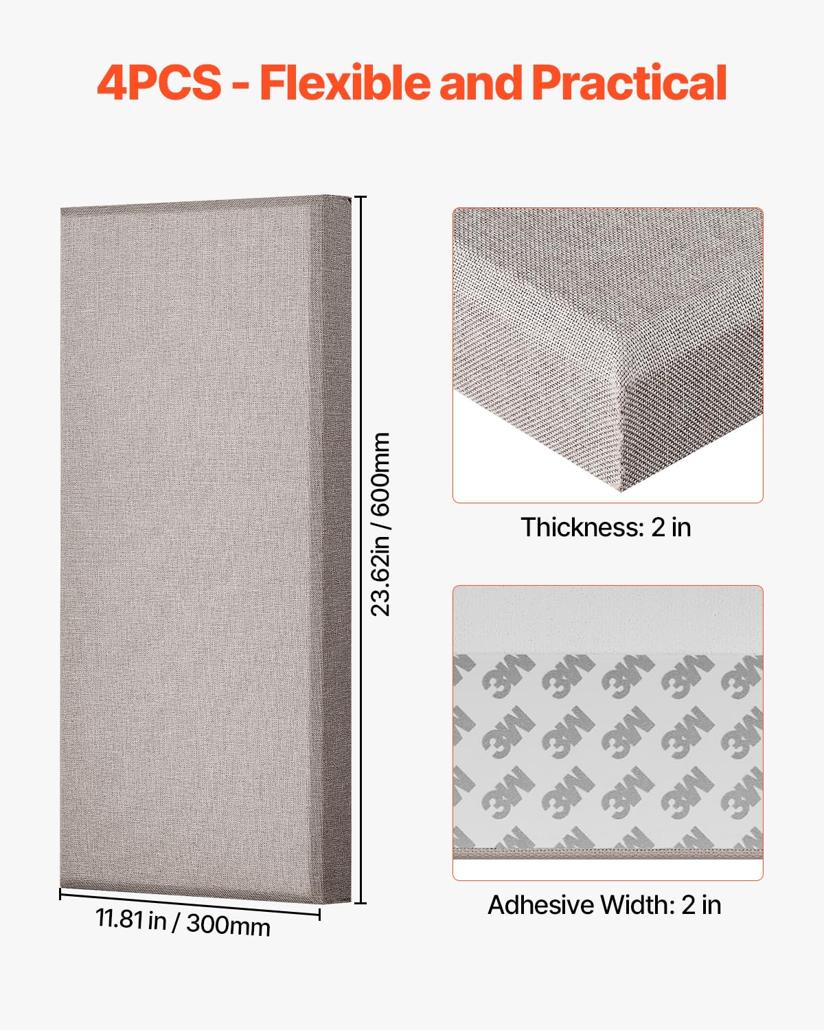 VEVOR 4 PCS Acoustic Panels, 2 inch Thick 23.6 x 11.8 inch Fiberglass Sound Absorbing Panels, Self-Adhesive Soundproof Wall Boards, for Studios, Office, Home Theater,Meeting Room, Camel