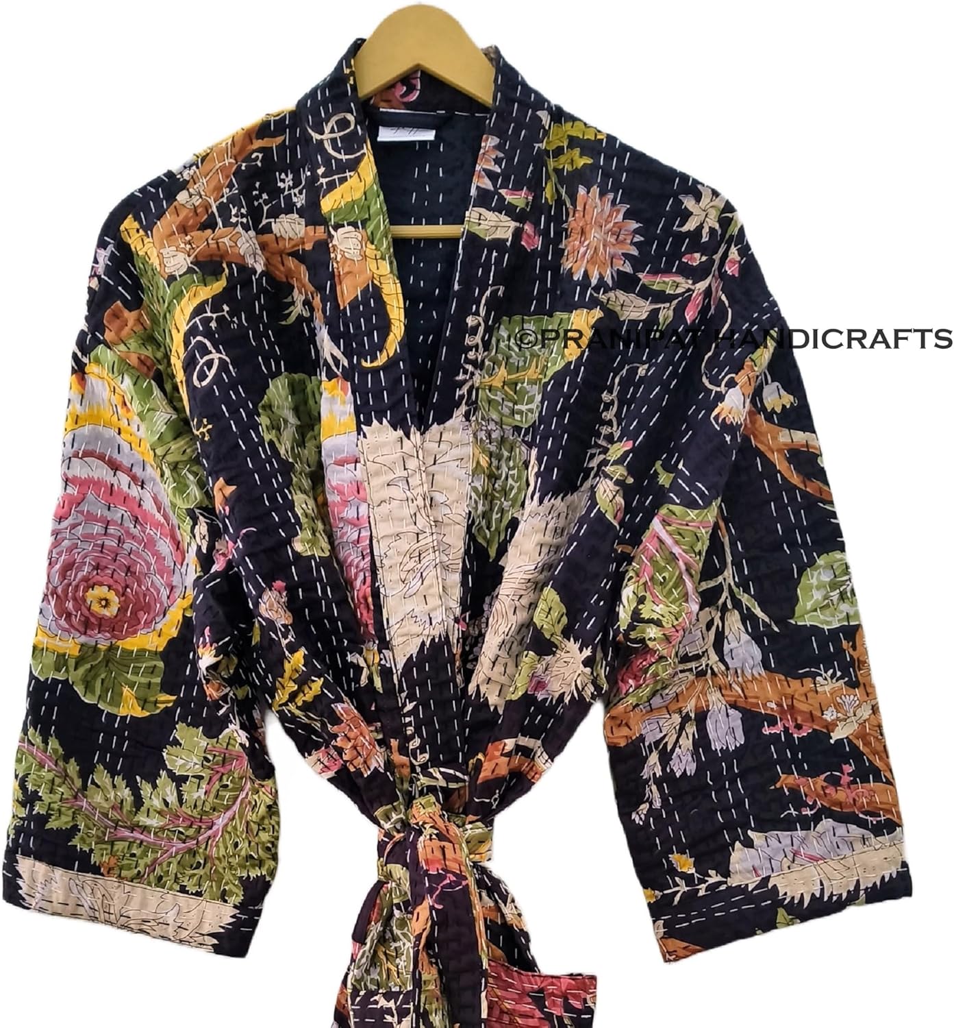 Kantha Kimono, Floral Print Cotton Jacket, Black Jacket, Handmade Lightweight Midi Length