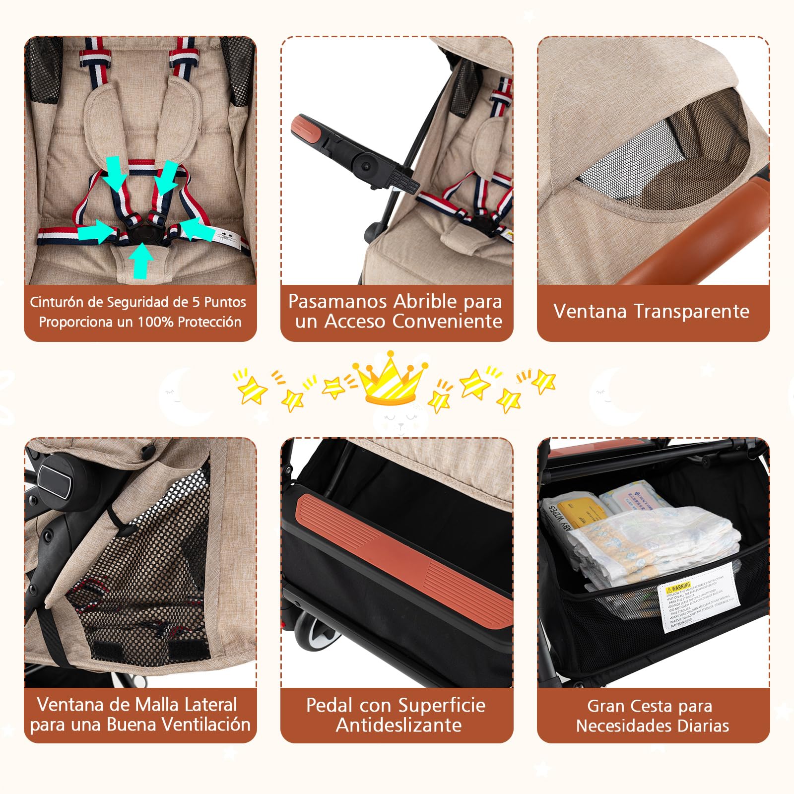 COSTWAY Silla de Paseo Plegable, Cochecito de Bebé con Solo Botón de Plegado, Marco de Aluminio Ligero, Respaldo y Reposapiés Ajustables, Toldo Retráctil para Bebés de 6-36 Meses (Beige, Sin Mochila)