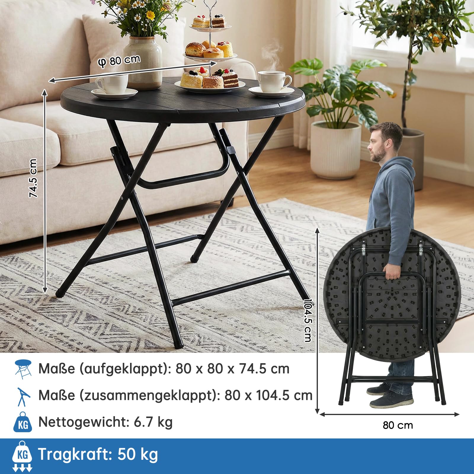 LIFERUN Gartentisch Rund Holz-Optik, Klapptisch, Klein Esstisch HxD: 74x80 cm, Balkontisch mit 4PCS Tischbeine, Campingtisch Wetterfest, Pflegeleicht, Hohe Stabilität, für Balkon, Garten & Terrasse